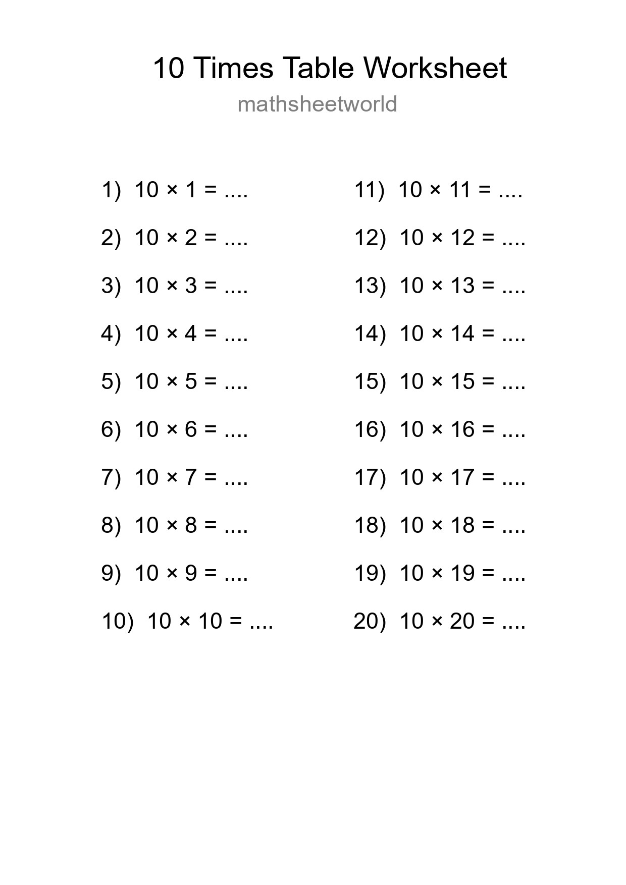 10 Times Table Worksheet For Grade 3 With Answers - Part 240