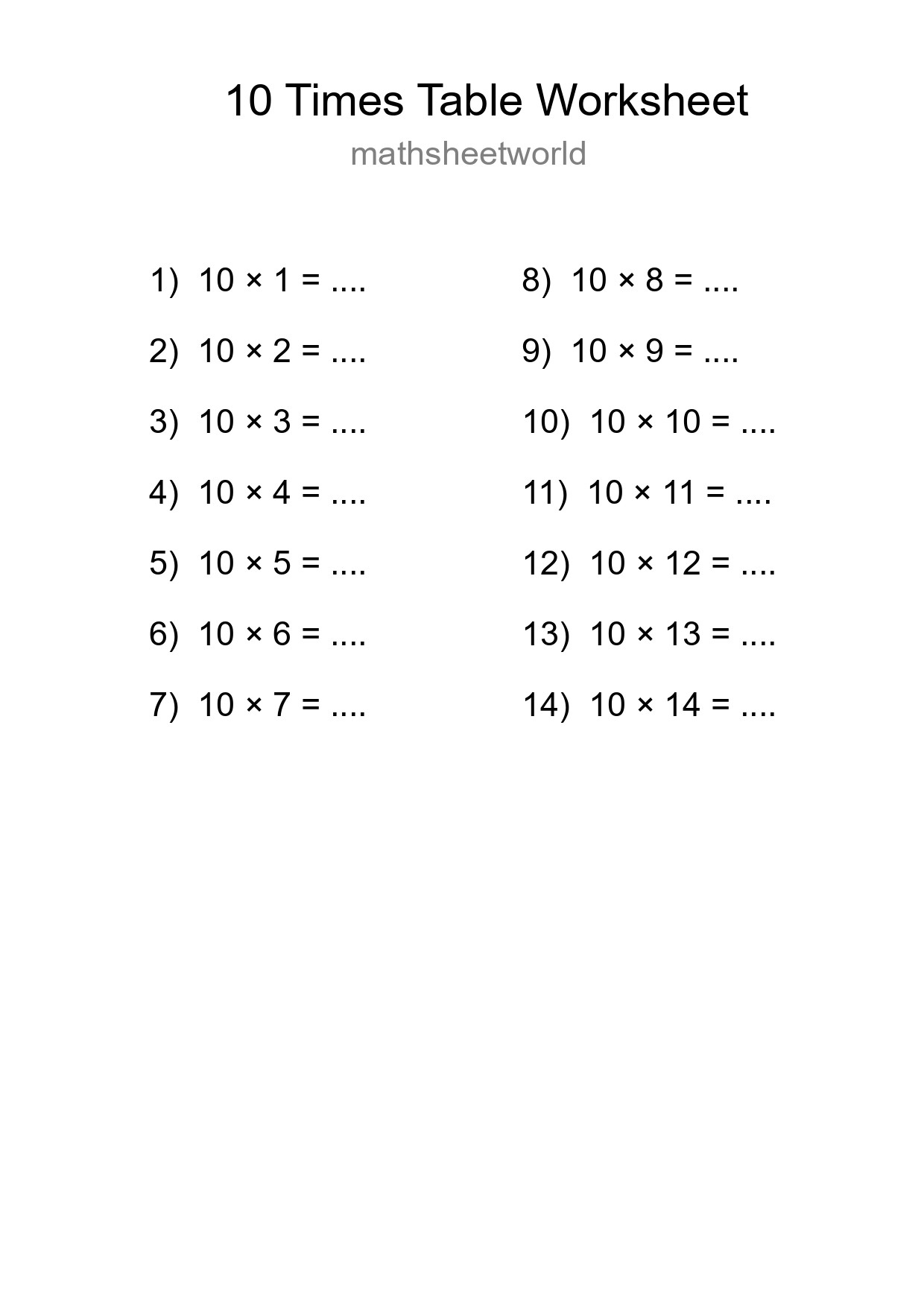 10 Times Table Worksheet For Grade 3 With Answers - Part 251