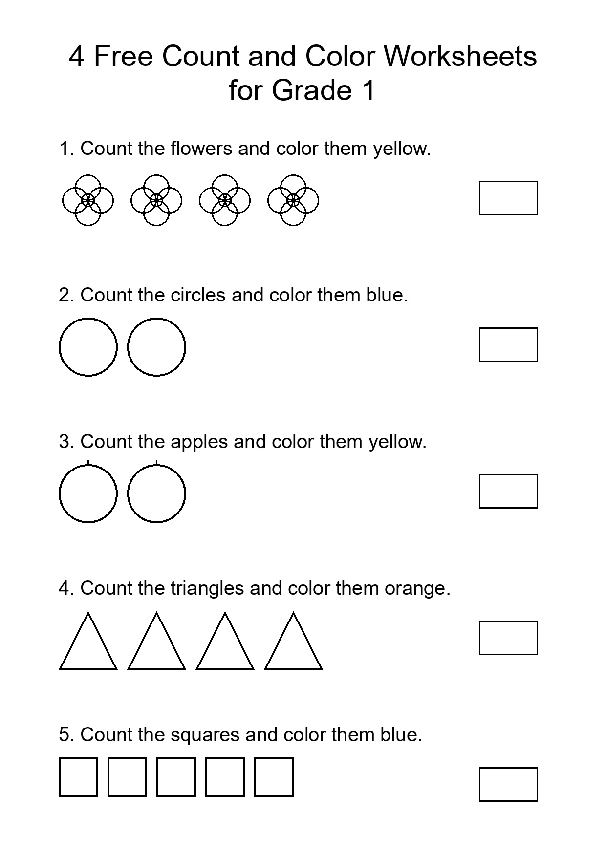 4 Free Count and Color Worksheets for Grade 1
