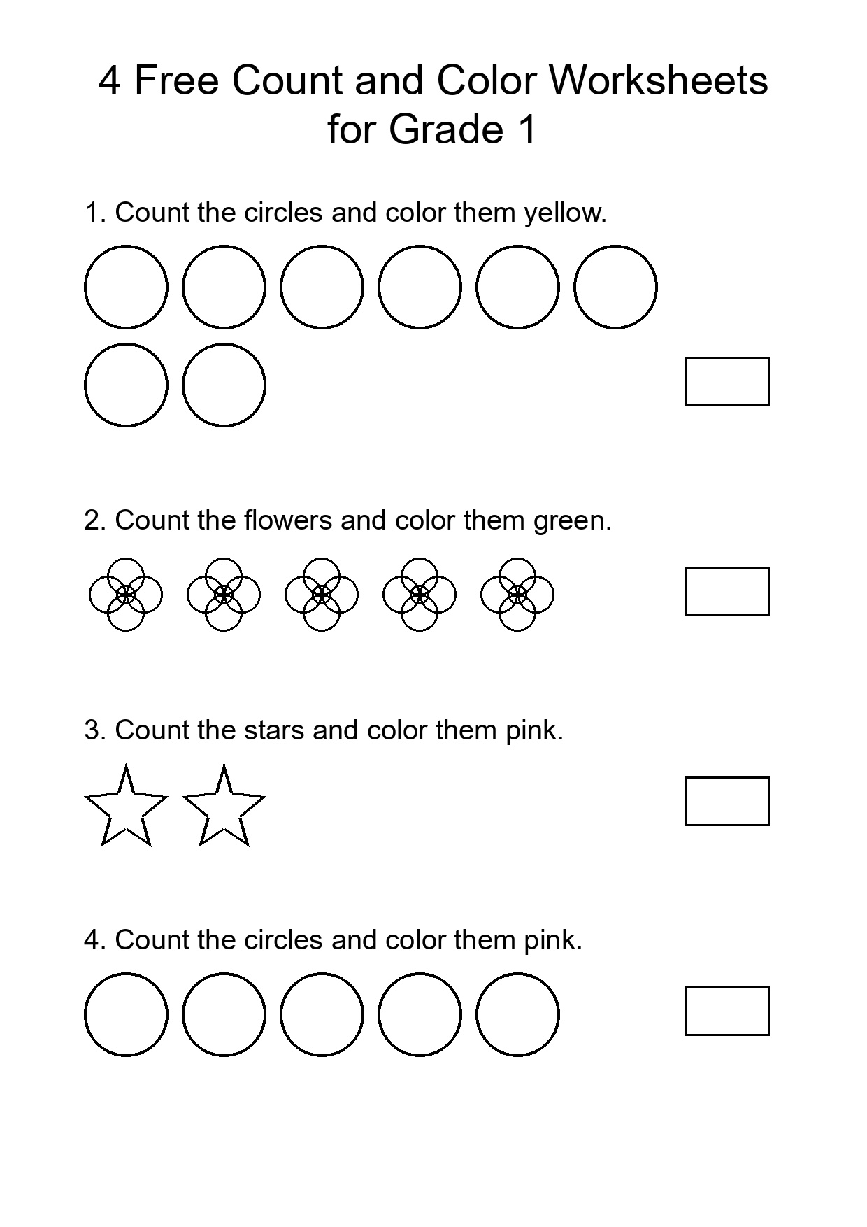 4 Free Count and Color Worksheets for Grade 1