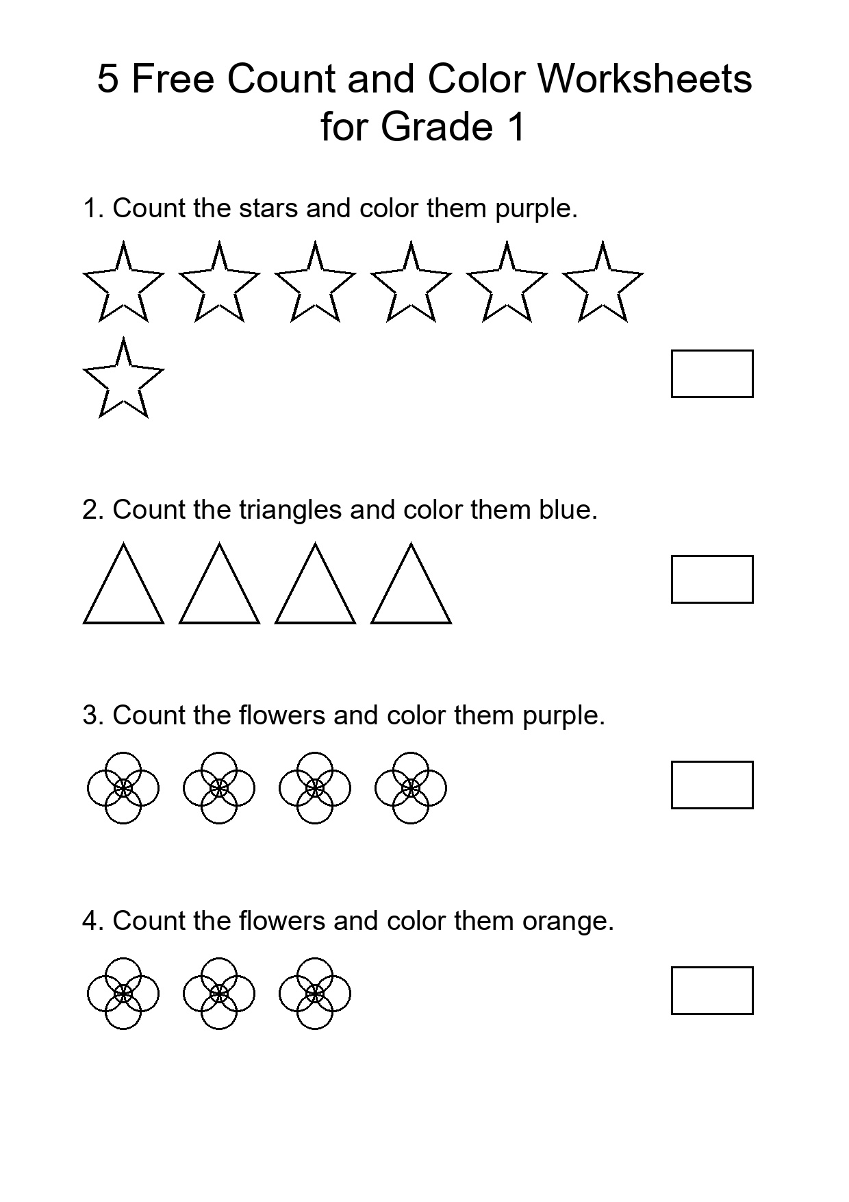 5 Free Count and Color Worksheets for Grade 1