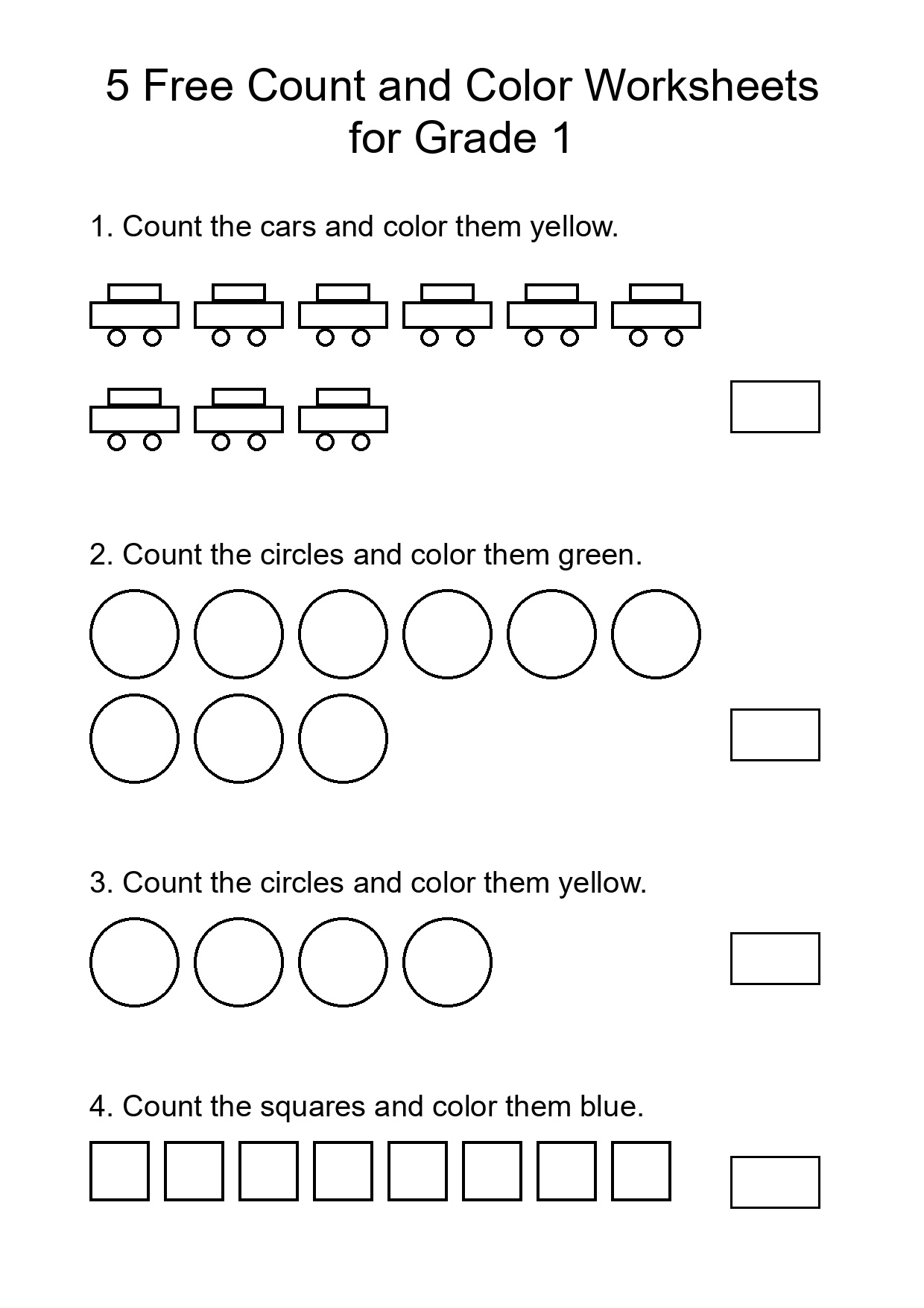 5 Free Count and Color Worksheets for Grade 1
