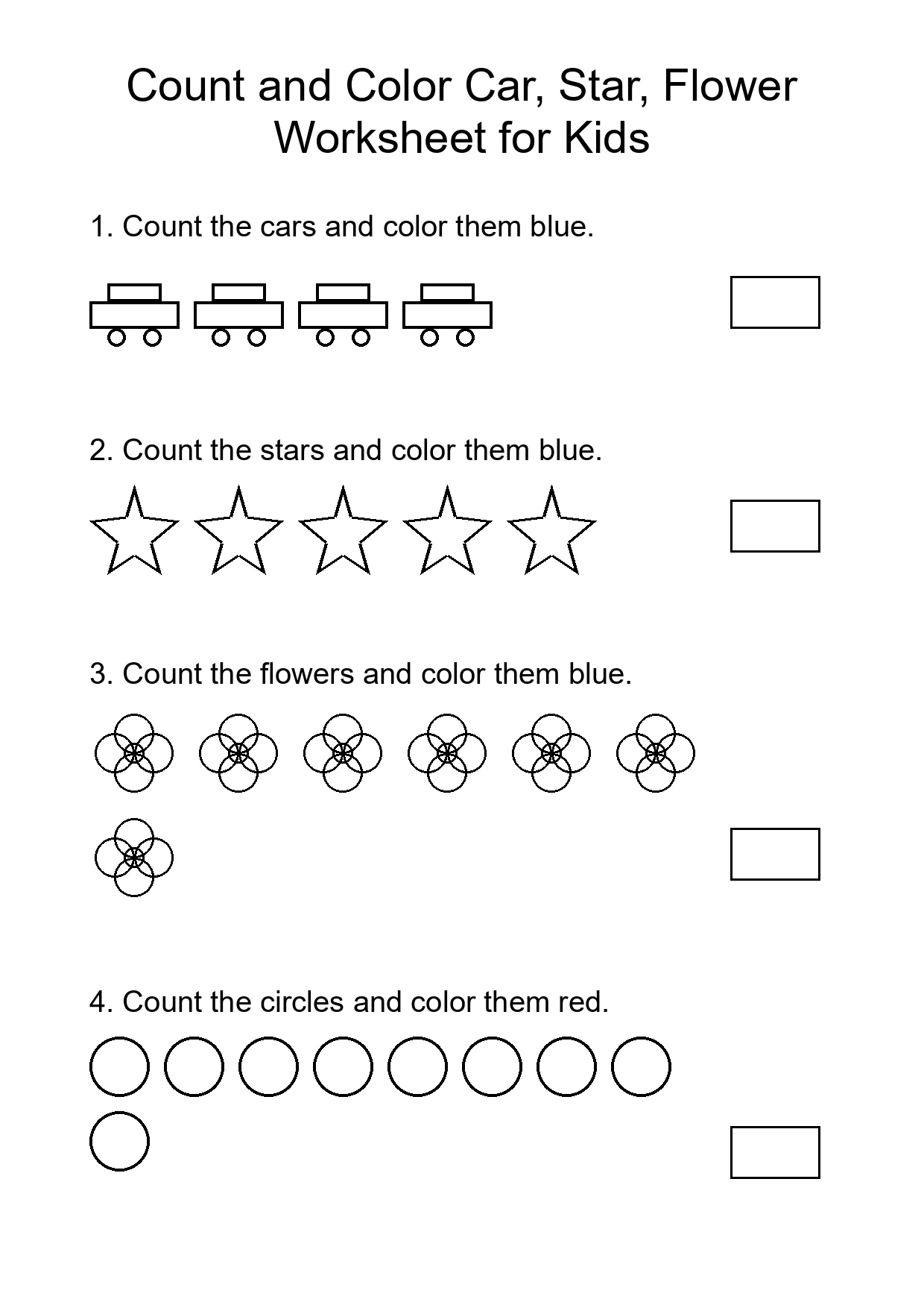 Count and Color Car, Star, Flower Worksheet for Kids