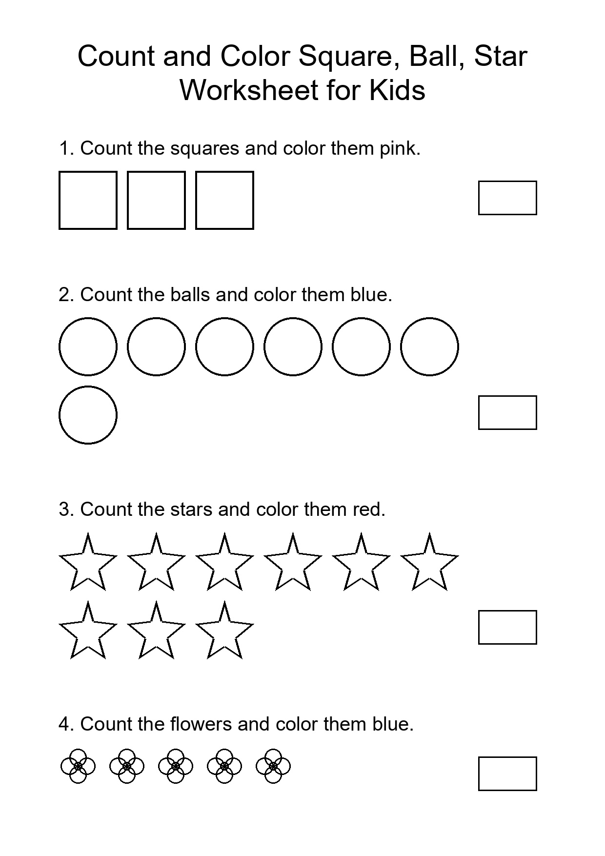 Count and Color Square, Ball, Star Worksheet for Kids
