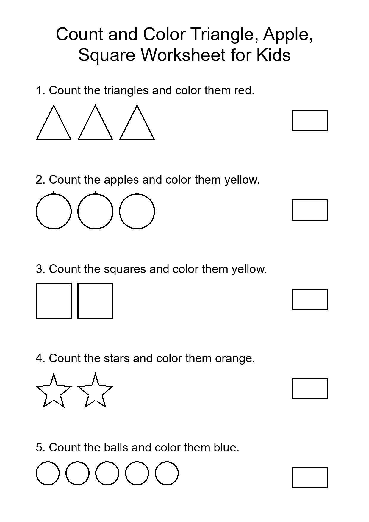 Count and Color Triangle, Apple, Square Worksheet for Kids