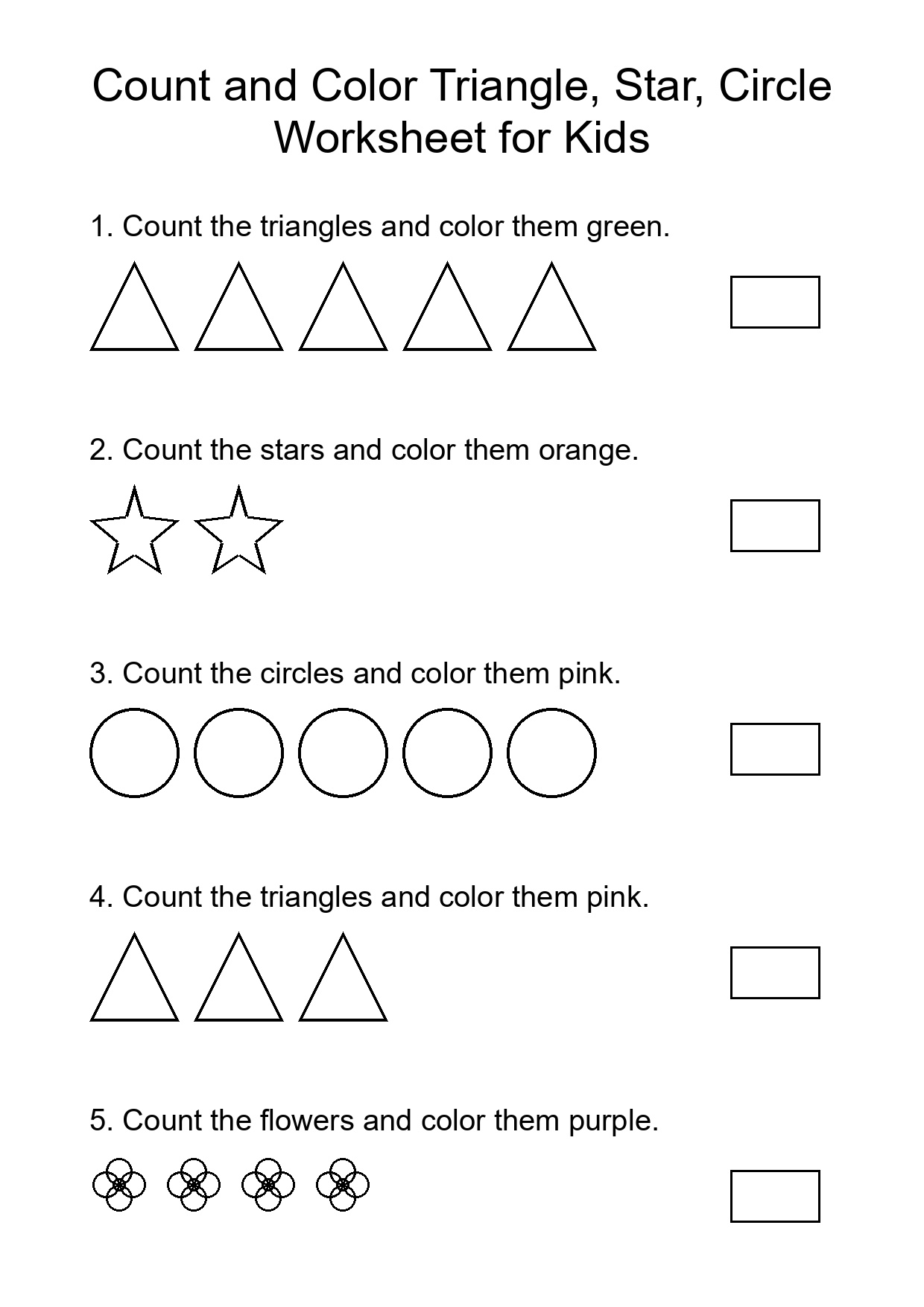 Count and Color Triangle, Star, Circle Worksheet for Kids