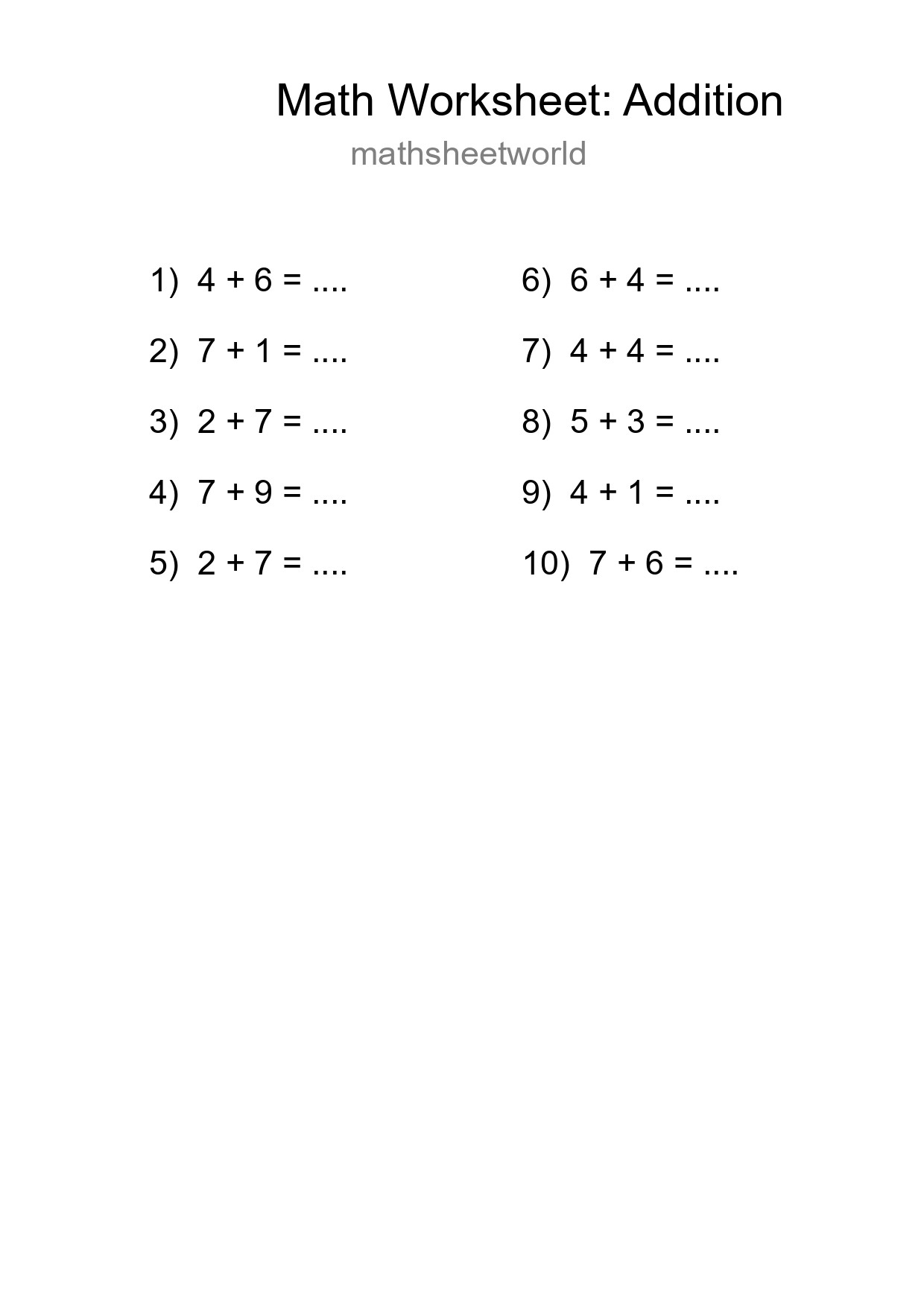 Free 10 Addition Math Worksheet For Grade 1 With Answers - Part 23