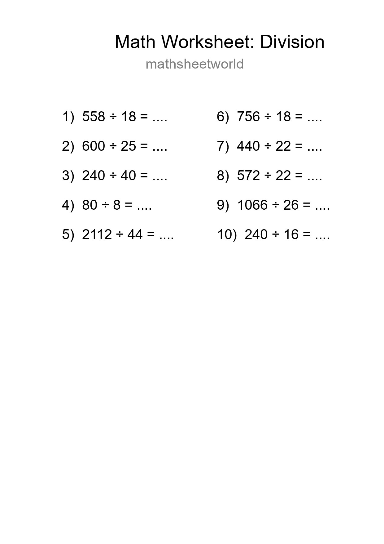 Free 10 Division Math Worksheet For Grade 2 - Part 26