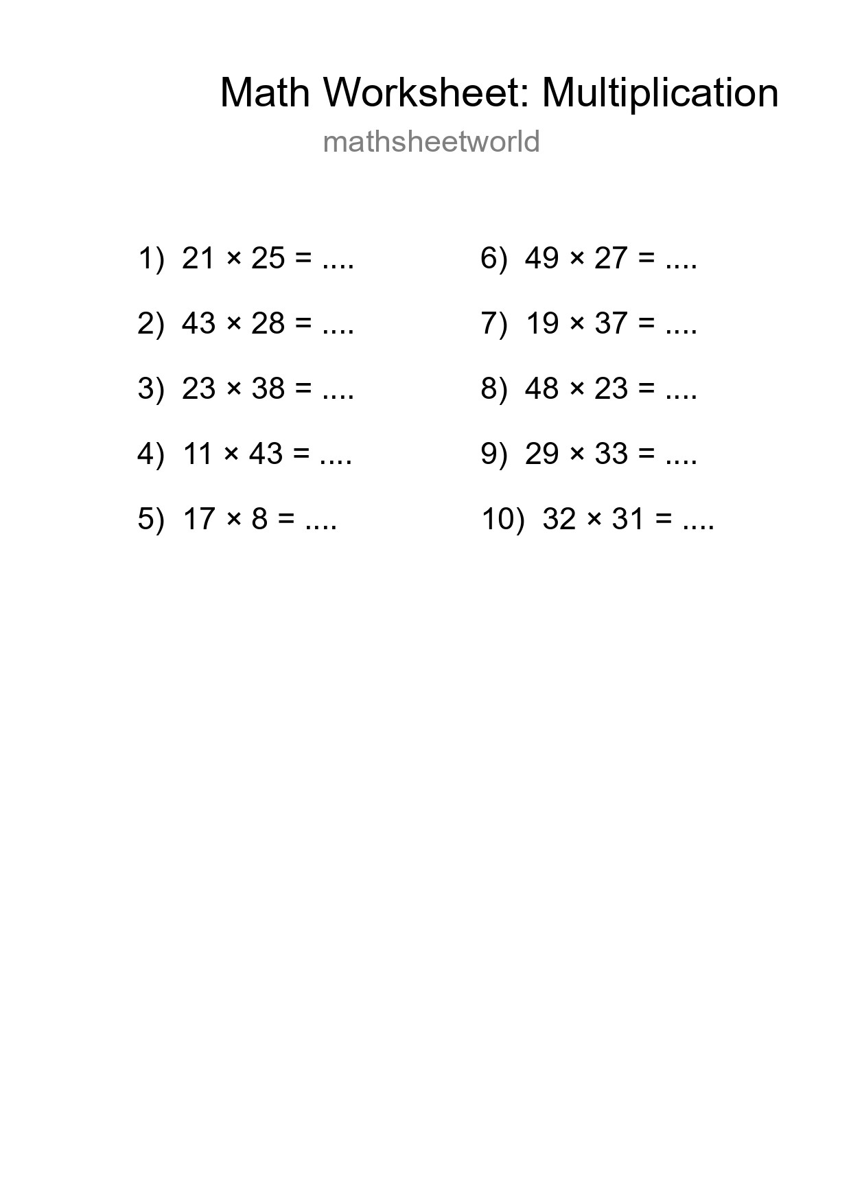Free 10 Multiplication Math Worksheet For Grade 2 With Answers - Part 249