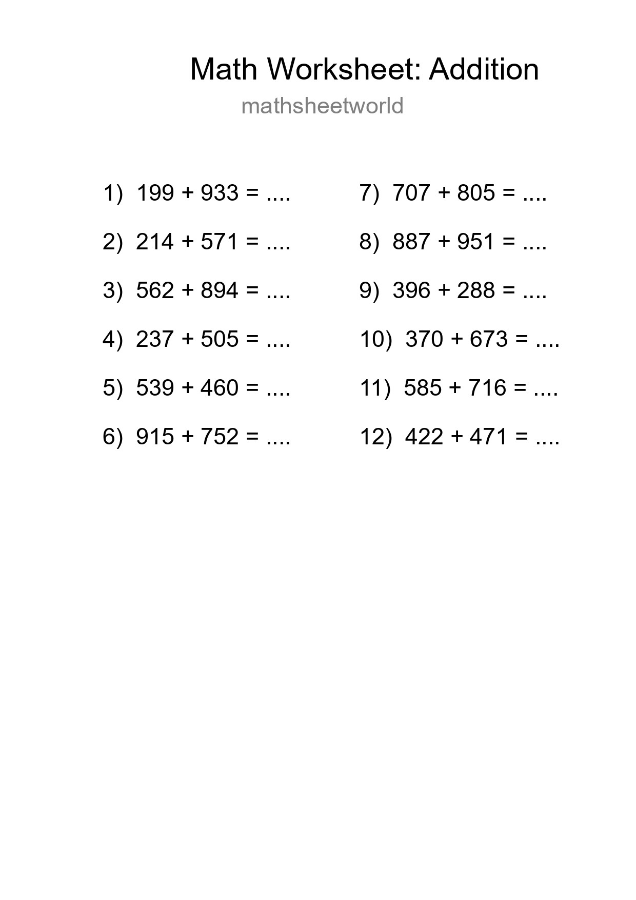 Free 12 Addition Math Worksheet For Grade 5 With Answers - Part 276