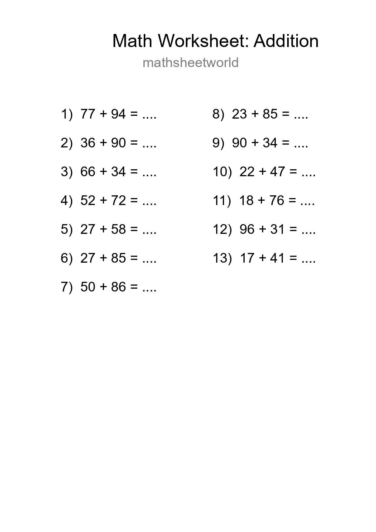 Free 13 Addition Math Worksheet For Grade 3 - Part 122
