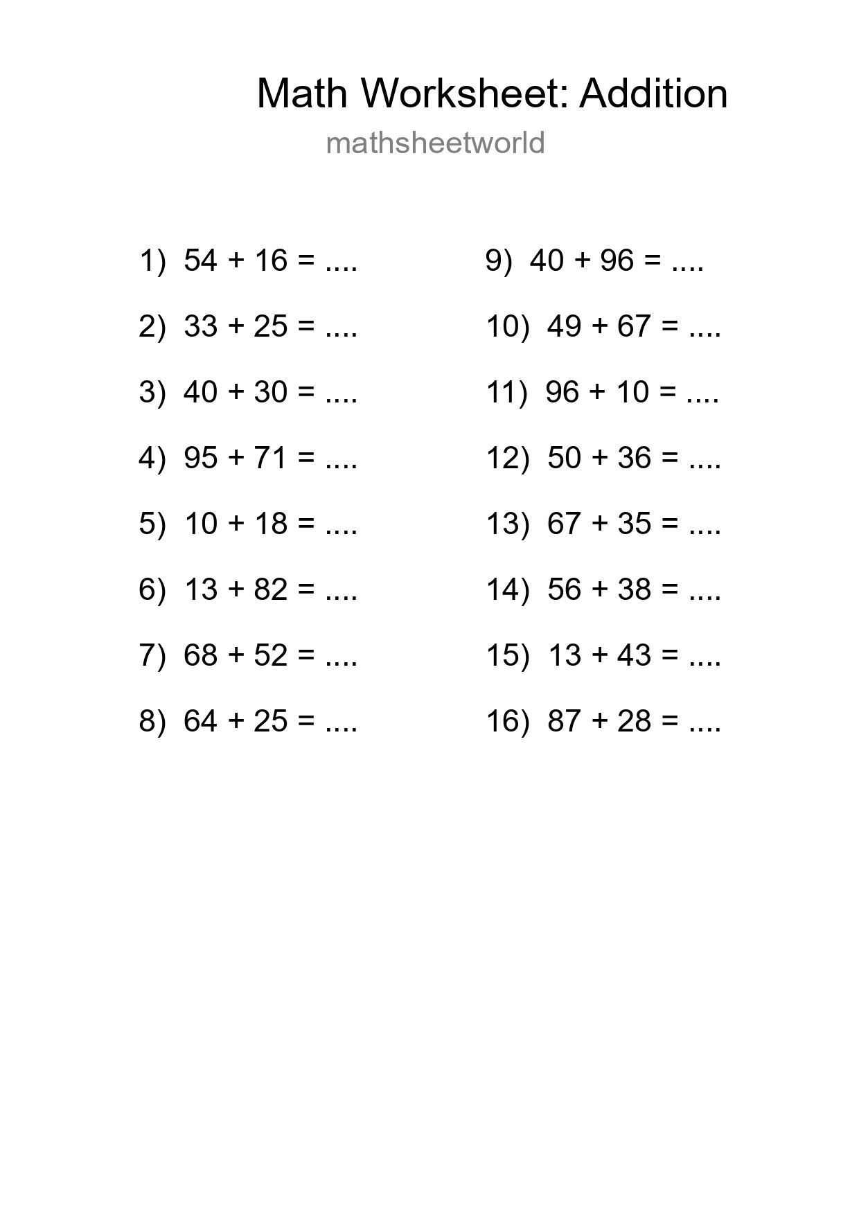 Free 16 Addition Math Worksheet For Grade 3 - Part 12