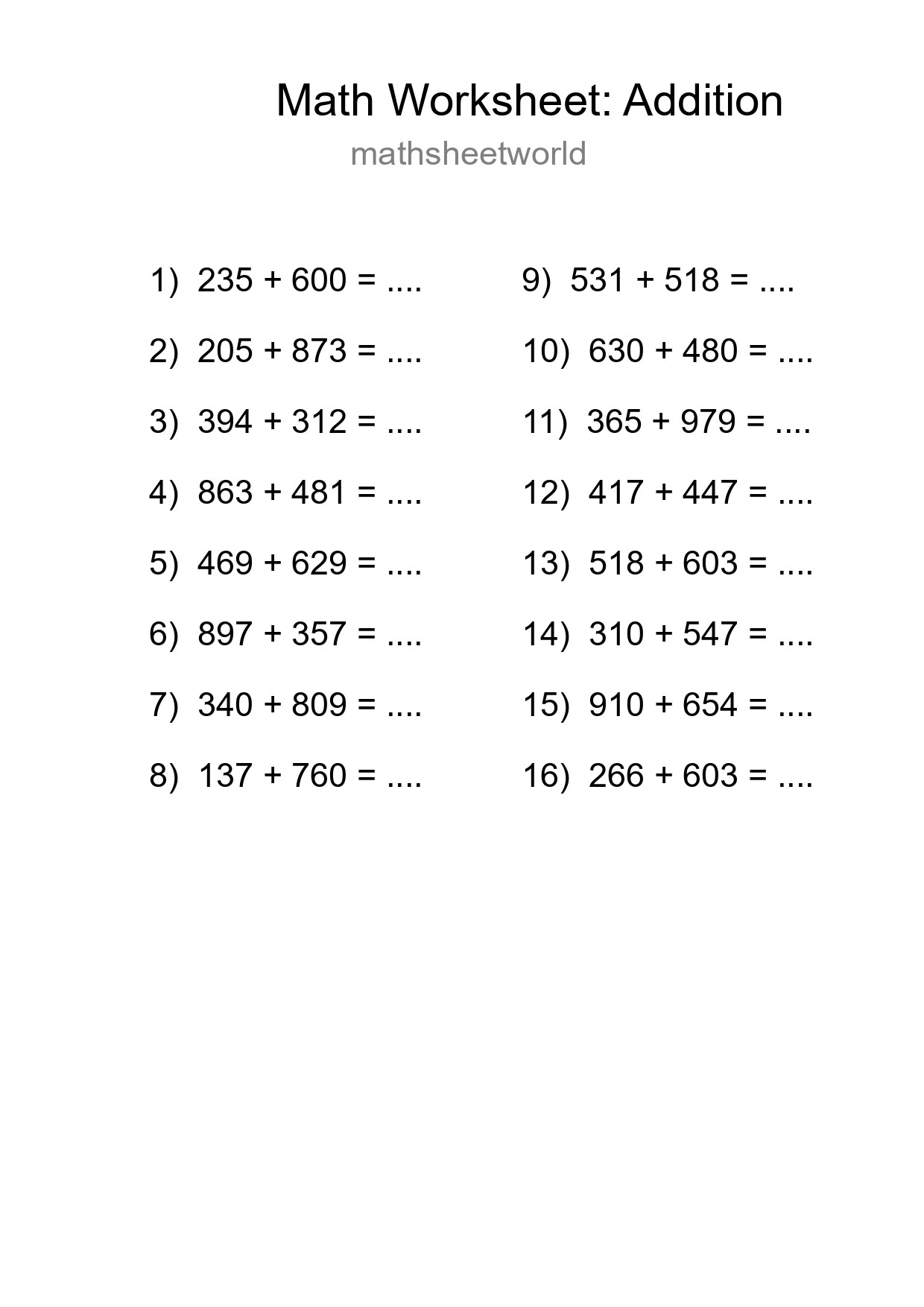 Free 16 Addition Math Worksheet For Grade 5 - Part 111