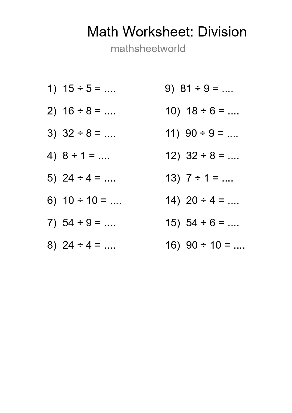Free 16 Division Math Worksheet For Grade 1 With Answers - Part 158