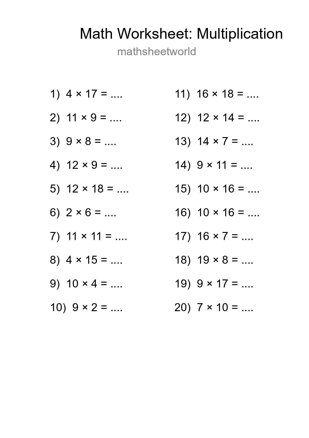 Free 20 Multiplication Math Worksheet For Grade 2 - Part 29