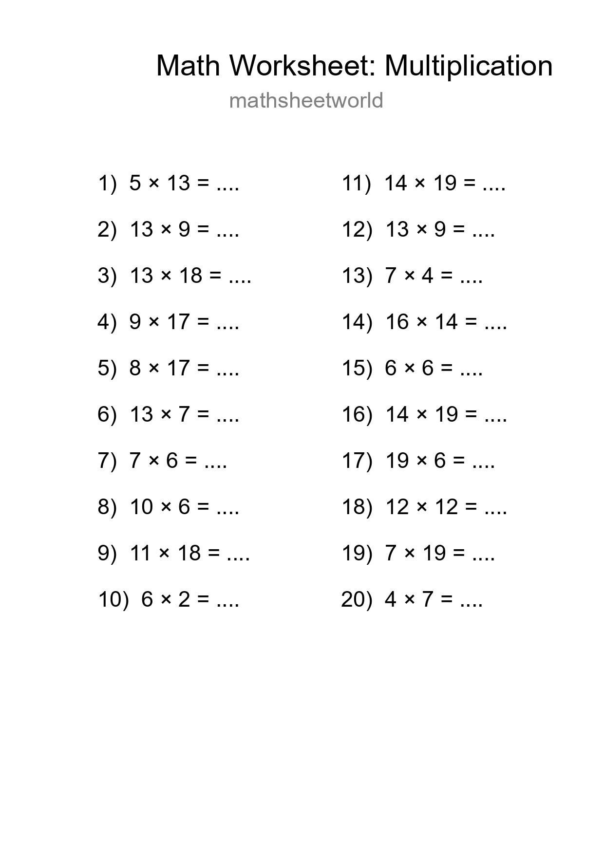 Free 20 Multiplication Math Worksheet For Grade 2 With Answers - Part 227