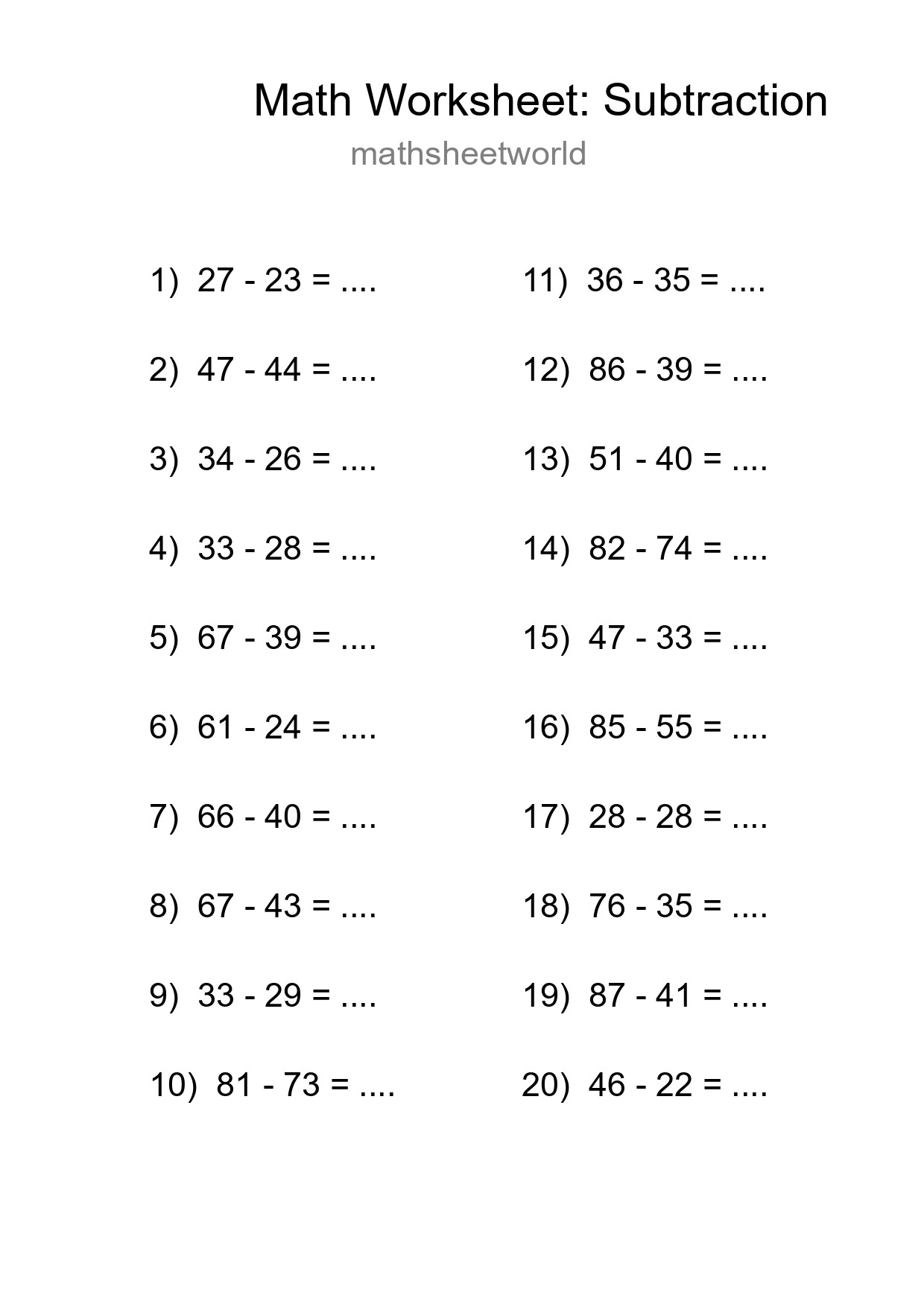 Free 20 Subtraction Math Worksheet For Grade 3 - Part 261