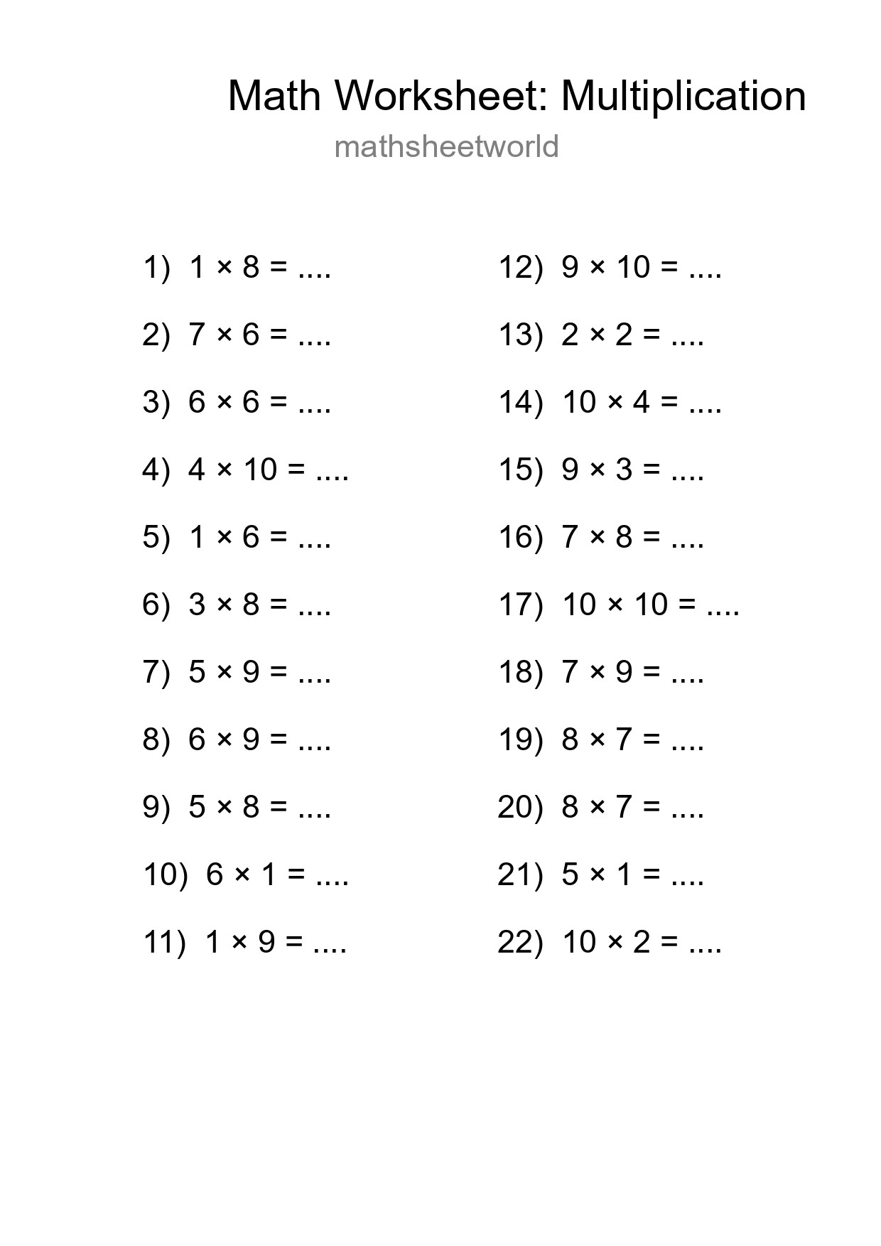 Free 22 Multiplication Math Worksheet For Grade 1 With Answers - Part 40