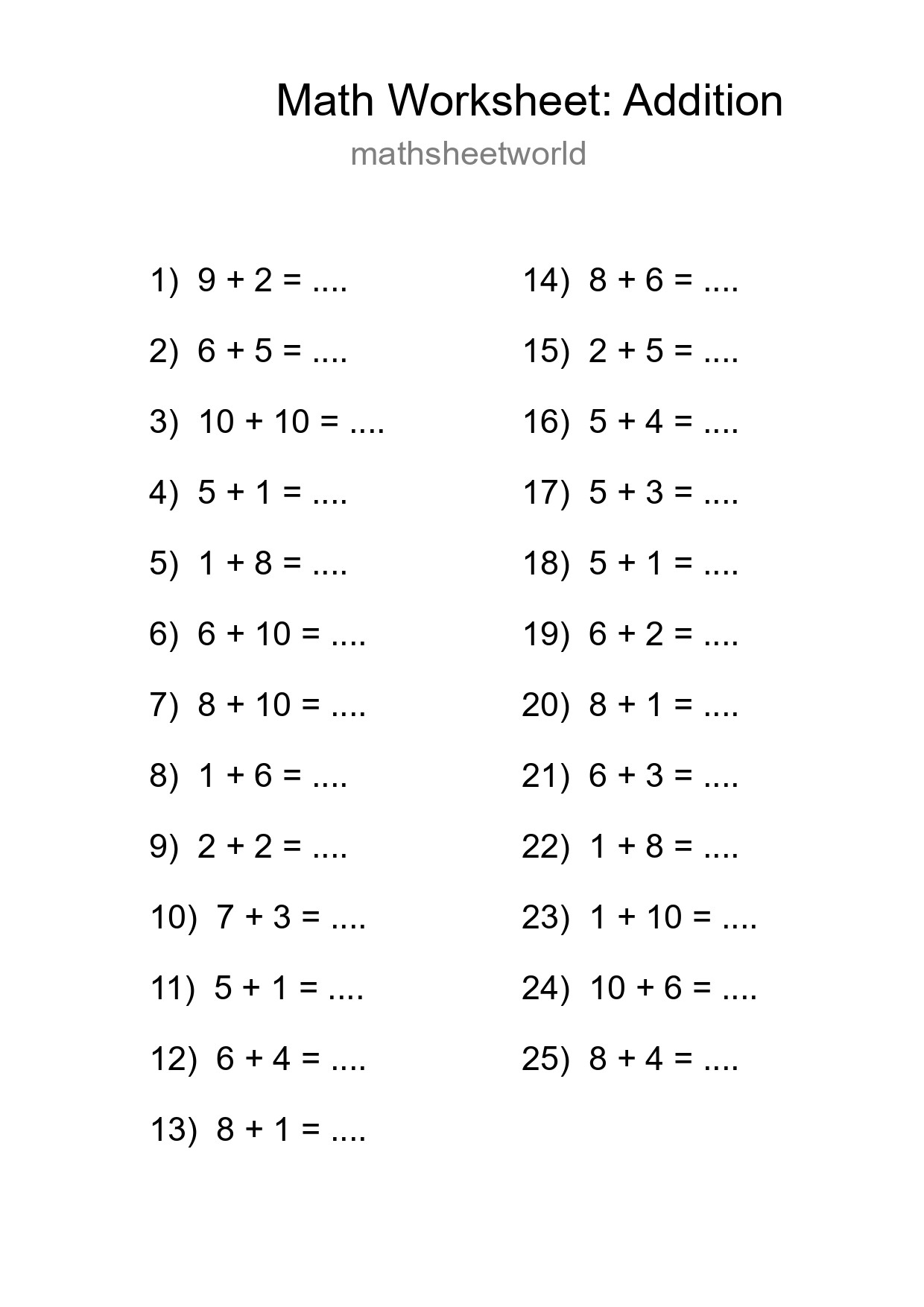 Free 25 Addition Math Worksheet For Grade 1 With Answers - Part 188