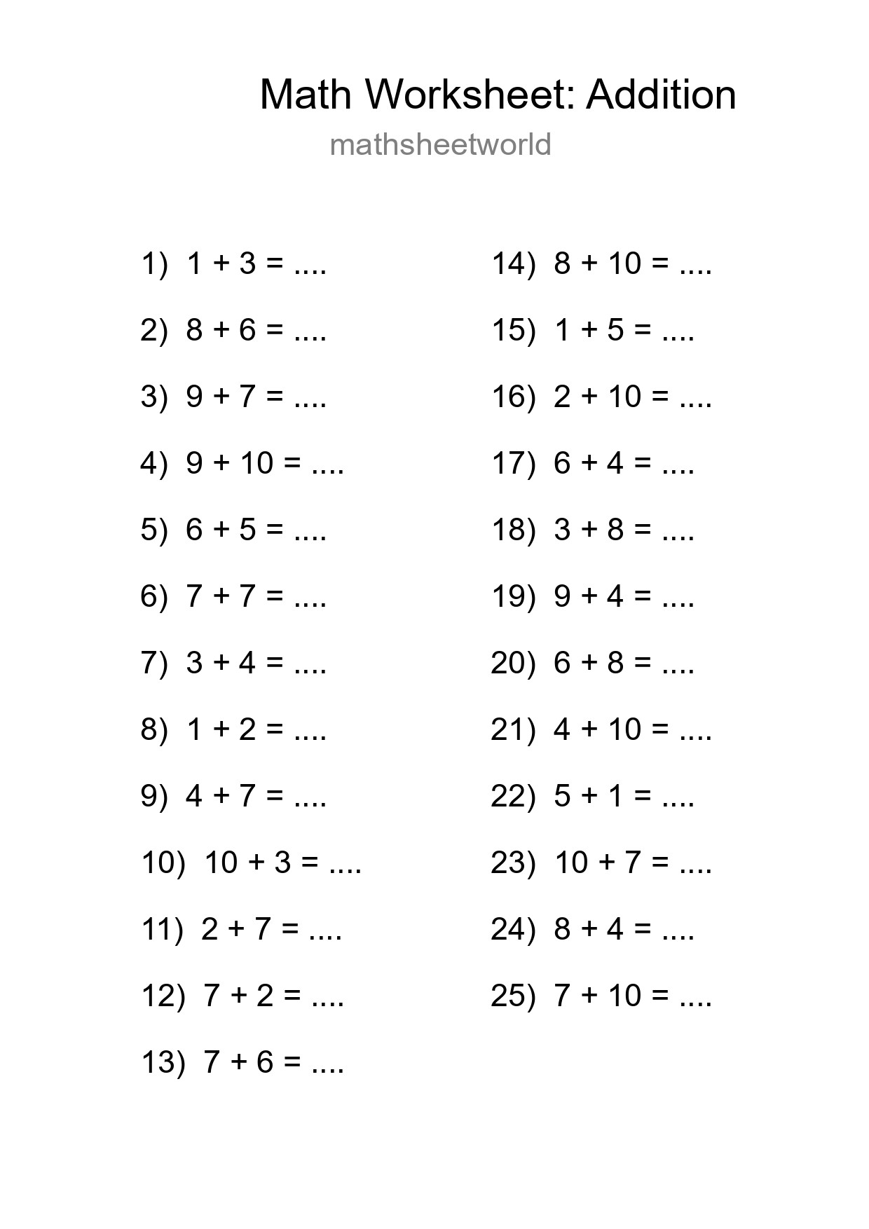 Free 25 Addition Math Worksheet For Grade 1 With Answers - Part 78