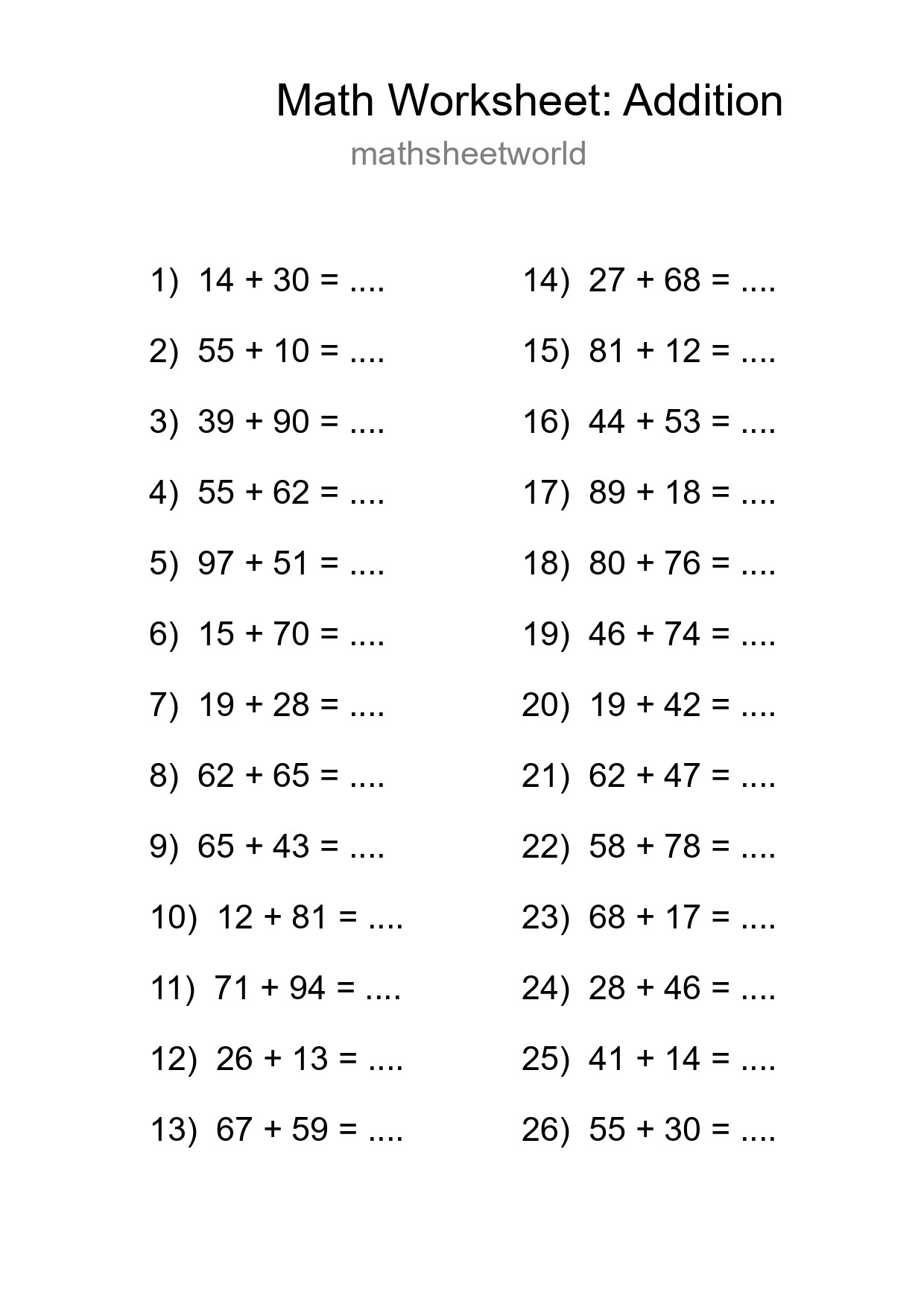 Free 26 Addition Math Worksheet For Grade 3 With Answers