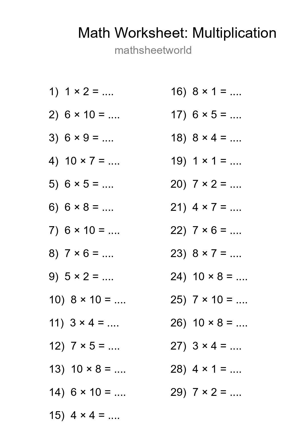 Free 29 Multiplication Math Worksheet For Grade 1 - Part 84