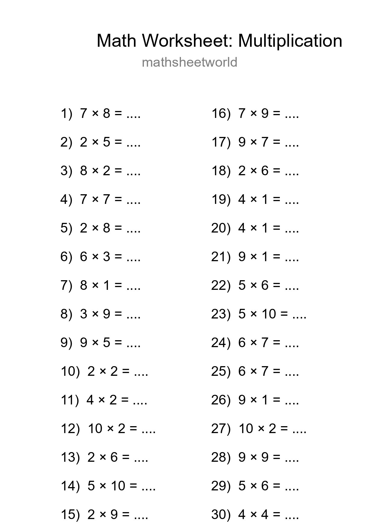 Free 30 Multiplication Math Worksheet For Grade 1 With Answers - Part 238