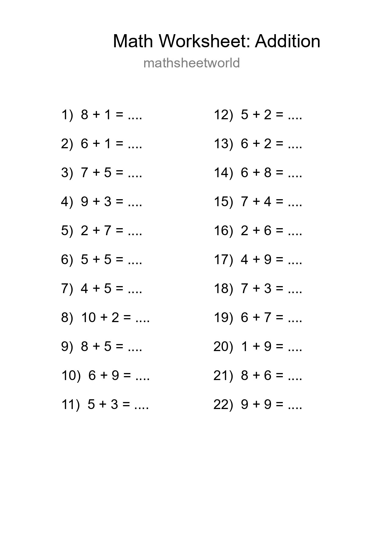 Grade 1 Addition Practice Worksheet (22 Problems) - Part 287