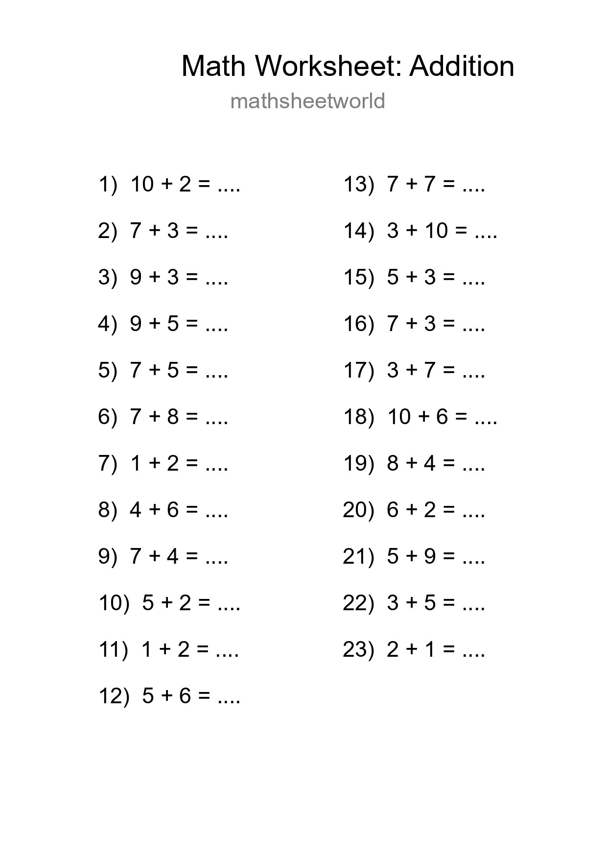 Grade 1 Addition Practice Worksheet (23 Problems) - Part 210