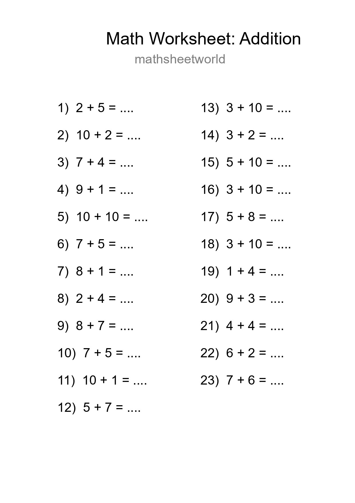 Grade 1 Addition Practice Worksheet (23 Problems) - Part 34