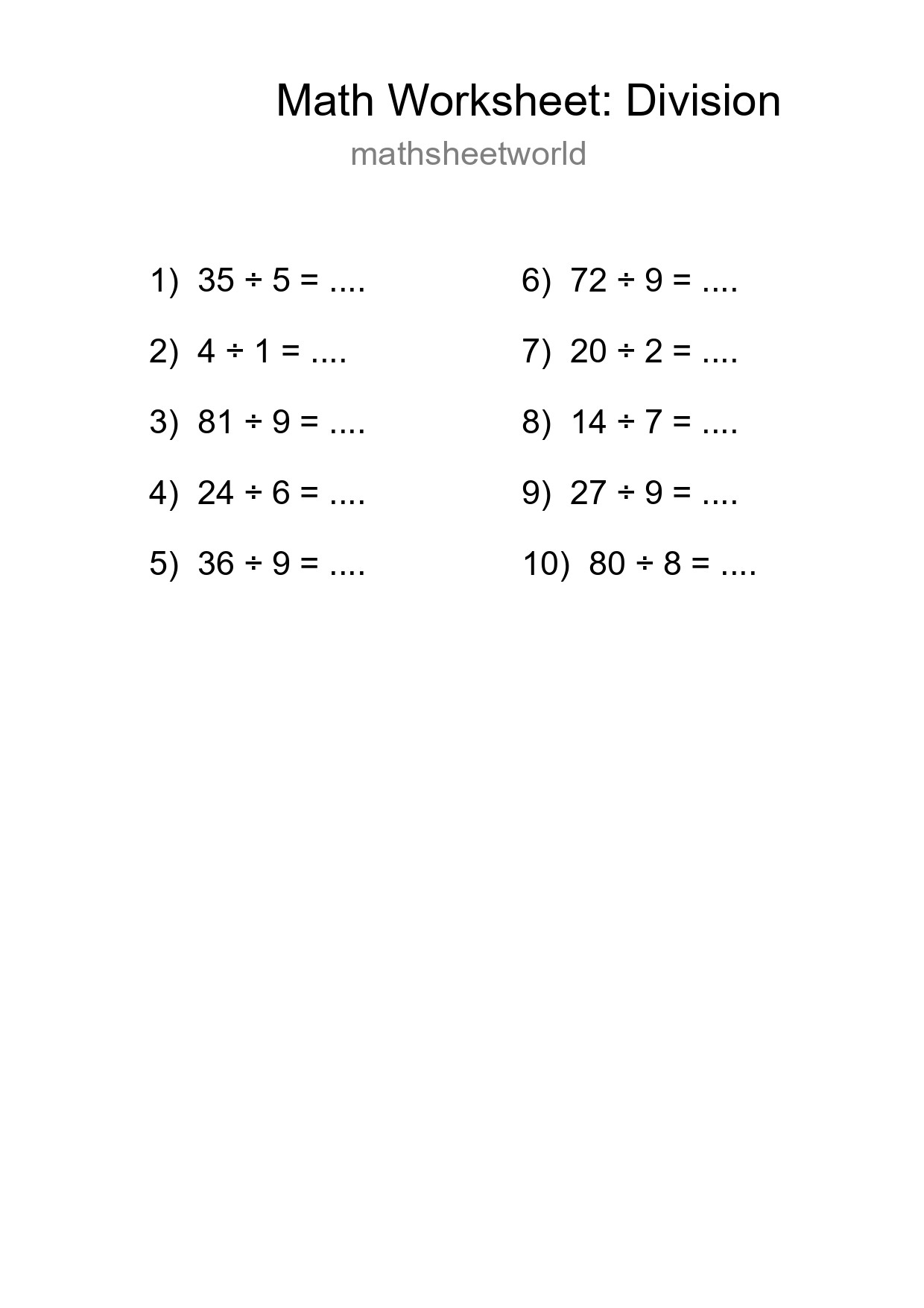 Grade 1 Division Practice Worksheet (10 Problems) - Part 290