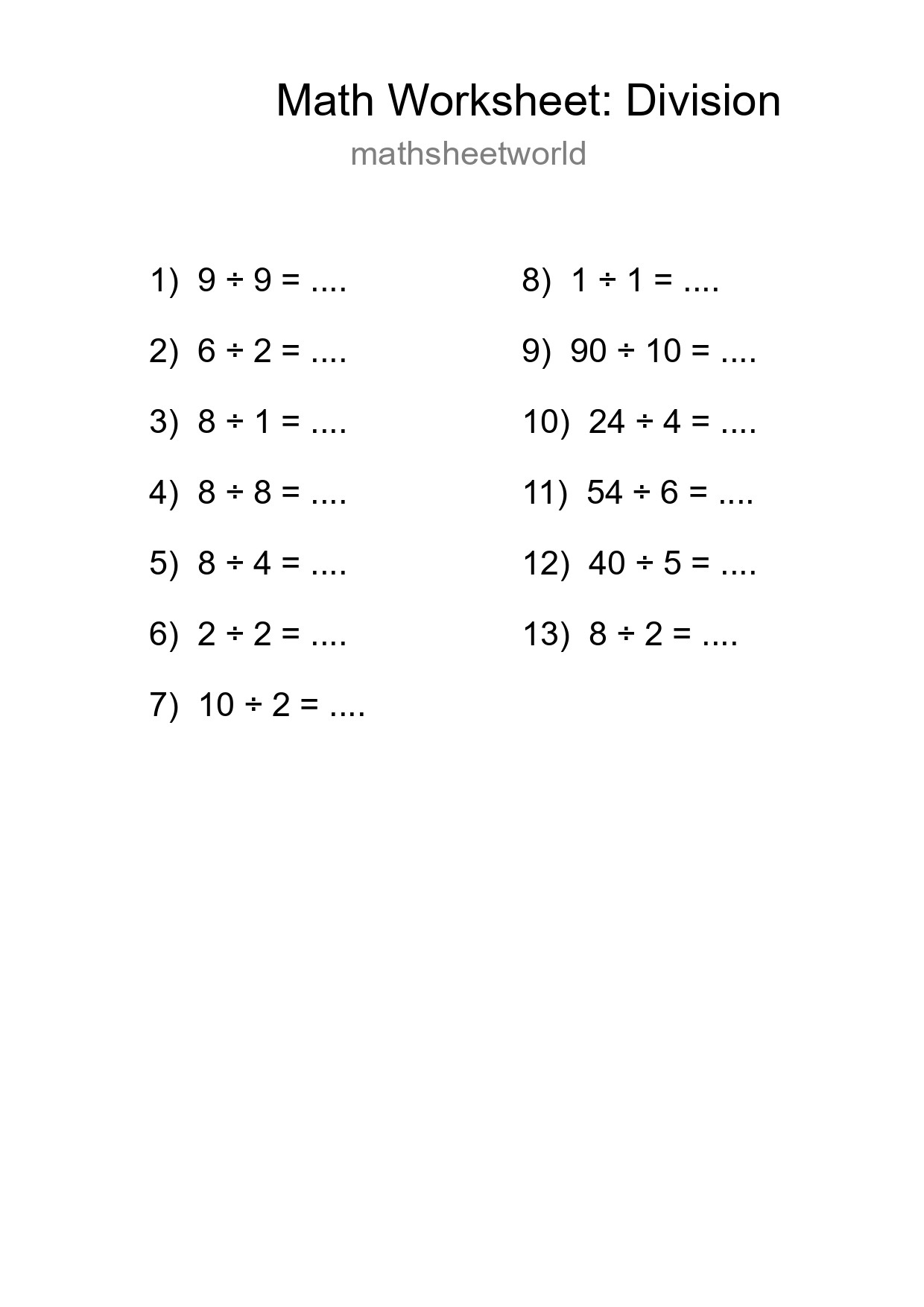 Grade 1 Division Practice Worksheet (13 Problems) - Part 180