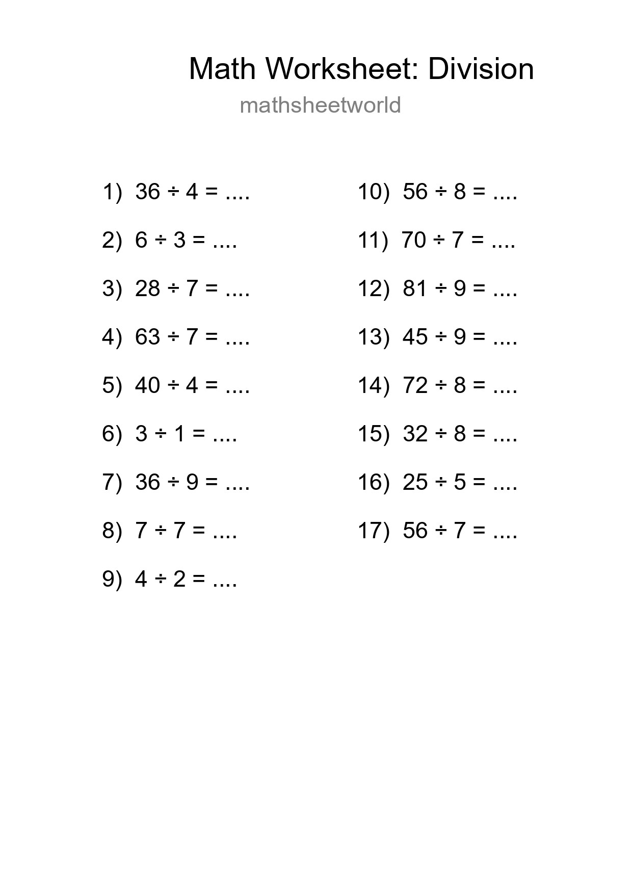 Grade 1 Division Practice Worksheet (17 Problems) - Part 224
