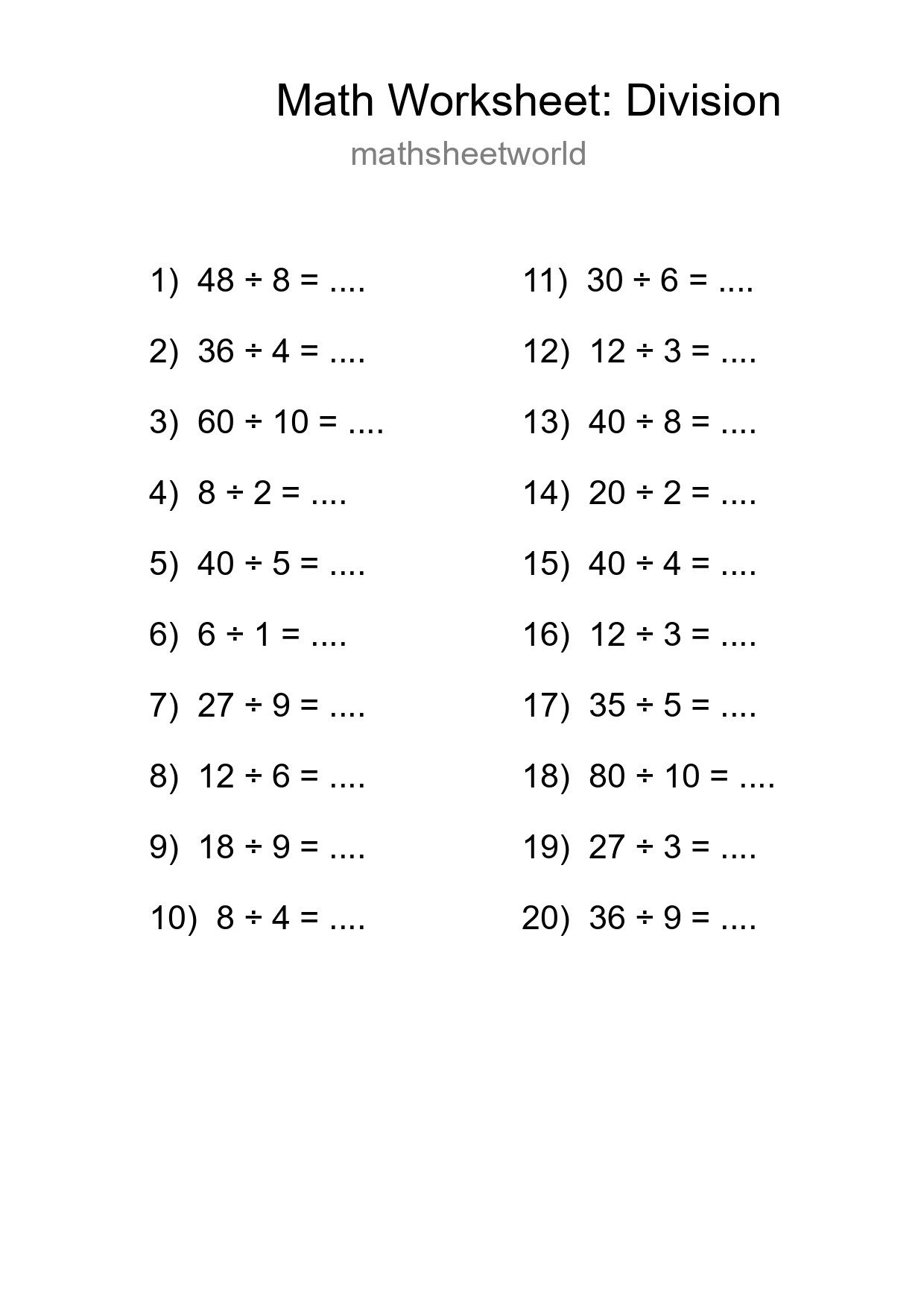 Grade 1 Division Practice Worksheet (20 Problems) - Part 213