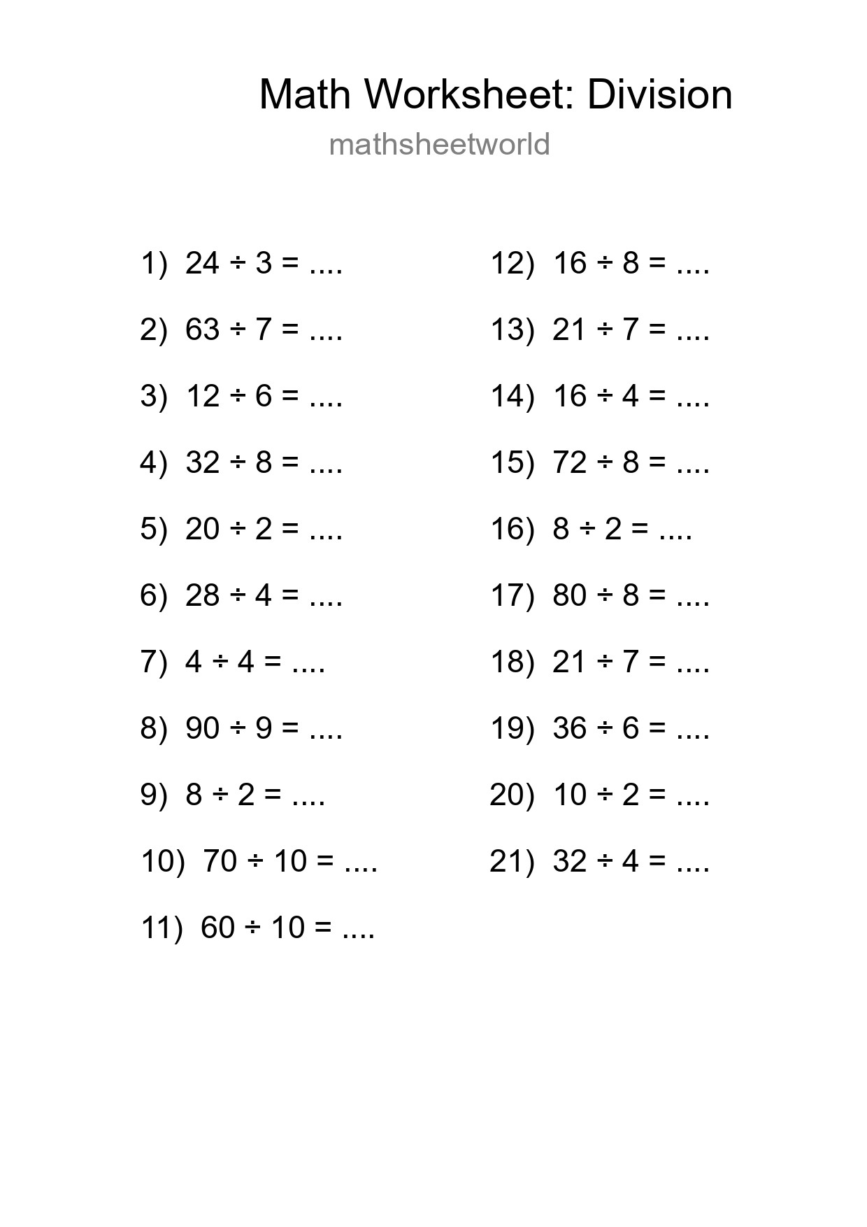 Grade 1 Division Practice Worksheet (21 Problems) - Part 246