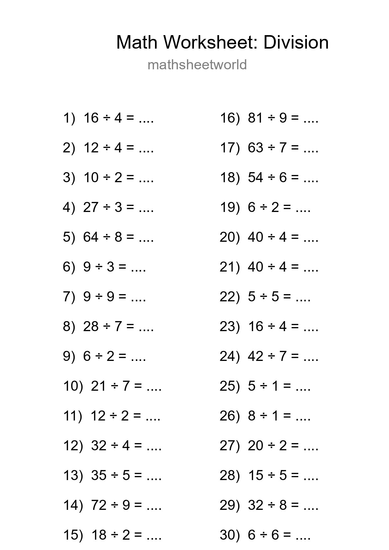 Grade 1 Division Practice Worksheet (30 Problems) - Part 191