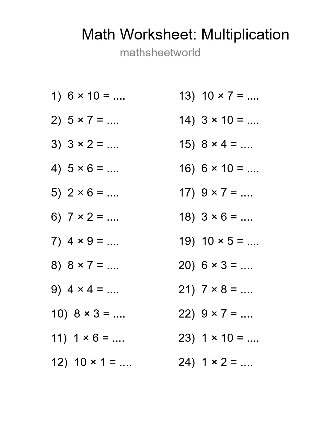 Grade 1 Multiplication Practice Worksheet (24 Problems) - Part 293