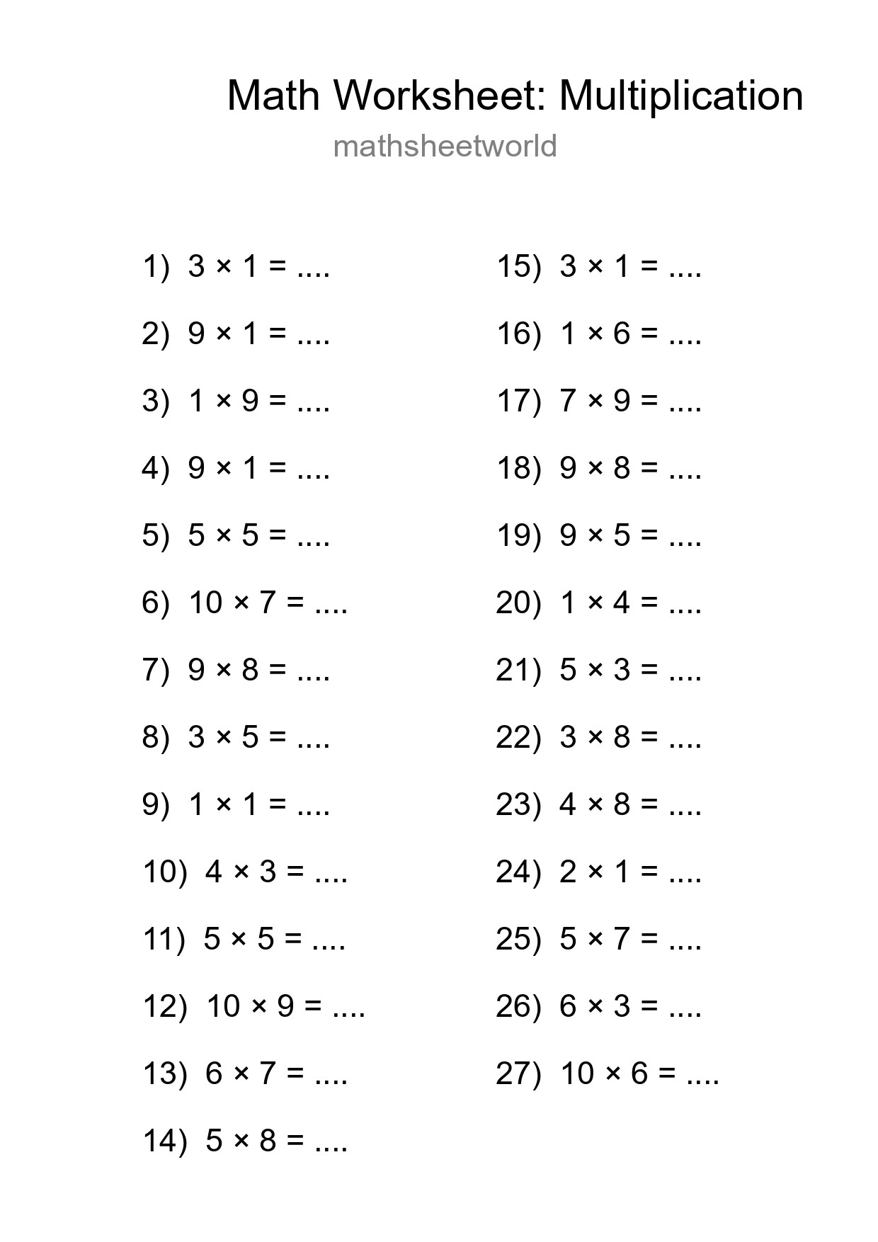 Grade 1 Multiplication Practice Worksheet (27 Problems) - Part 51