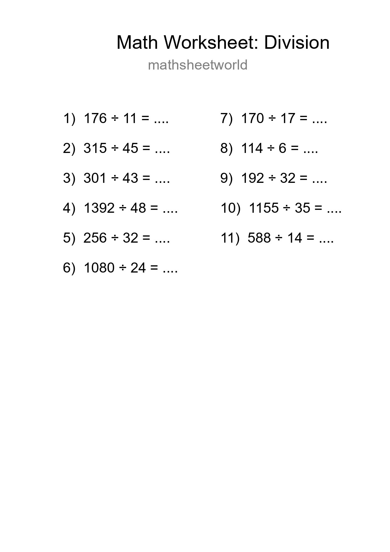 Grade 2 Division Practice Worksheet (11 Problems) - Part 59