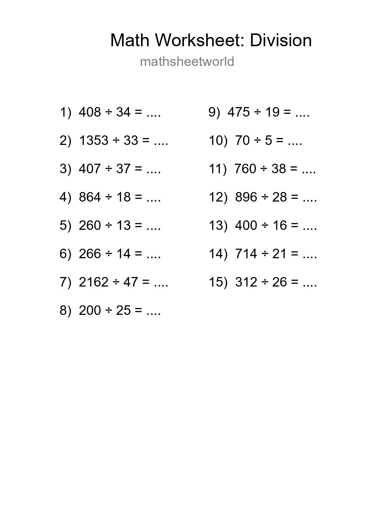Grade 2 Division Practice Worksheet (15 Problems) - Part 257
