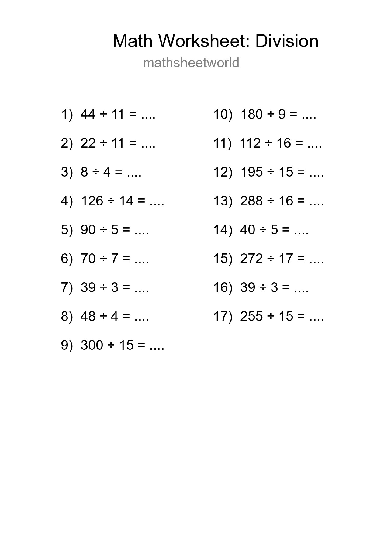 Grade 2 Division Practice Worksheet (17 Problems) - Part 114