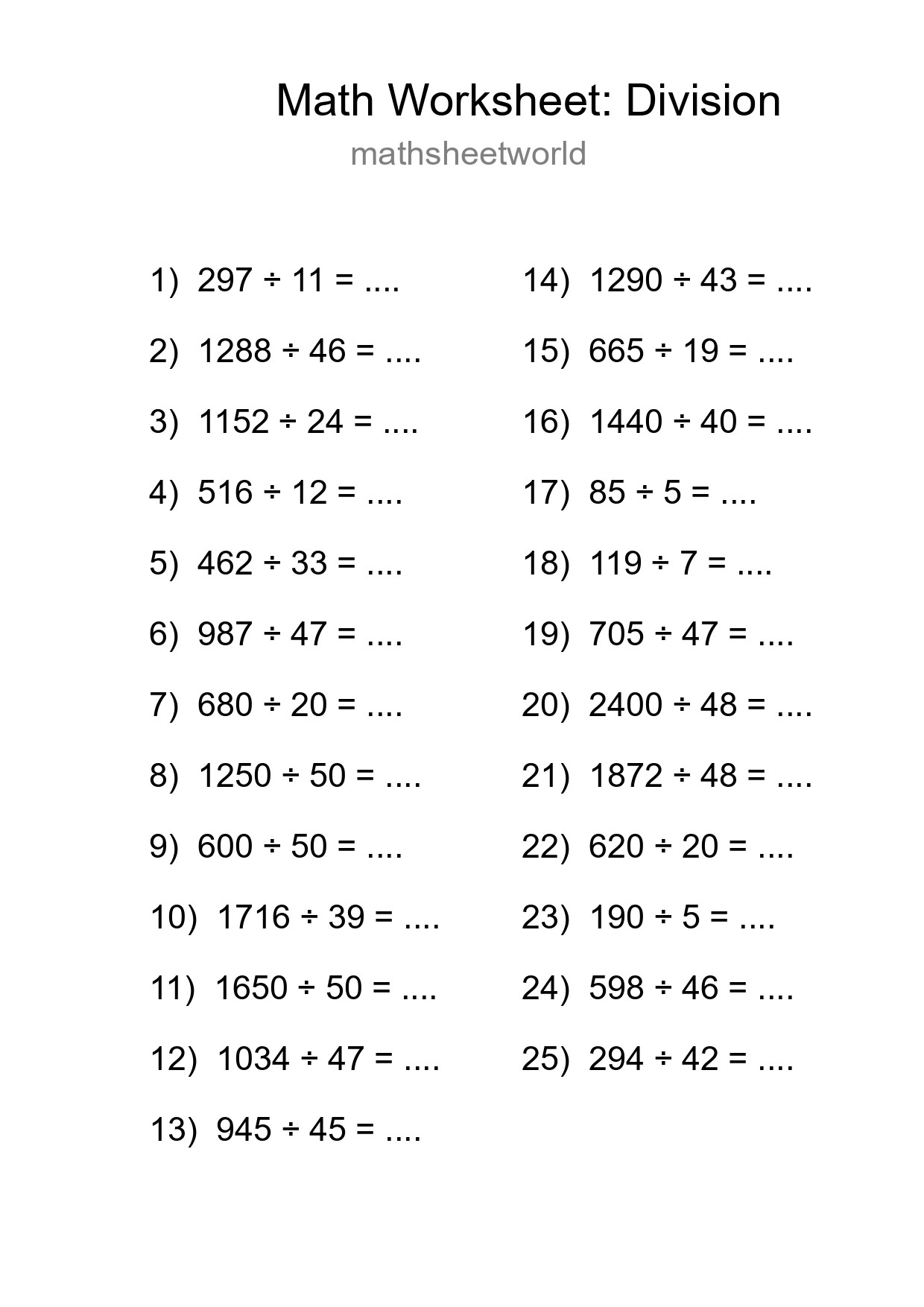Grade 2 Division Practice Worksheet (25 Problems) - Part 81