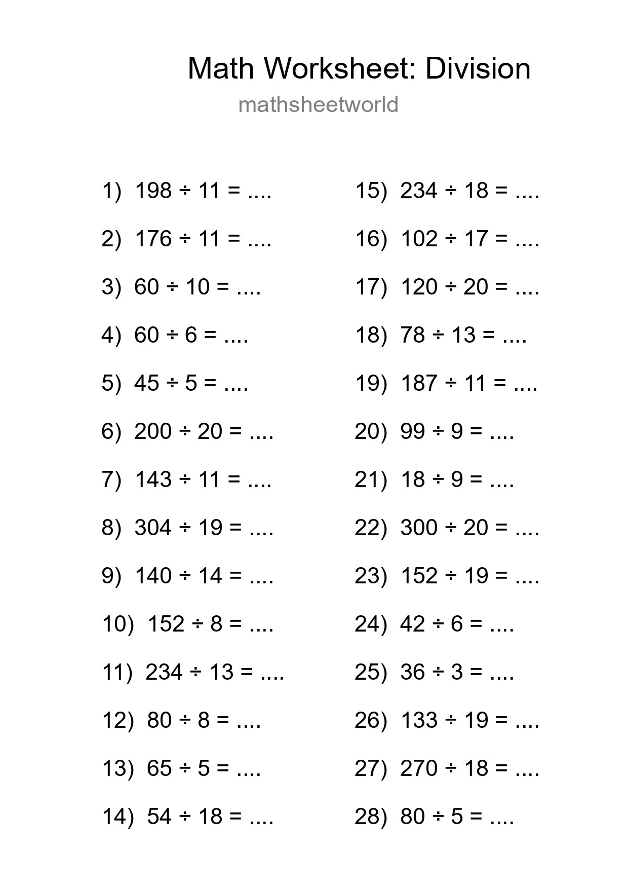 Grade 2 Division Practice Worksheet (28 Problems) - Part 15