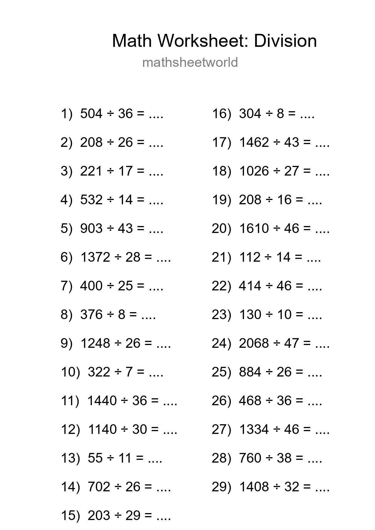 Grade 2 Division Practice Worksheet (29 Problems) - Part 70