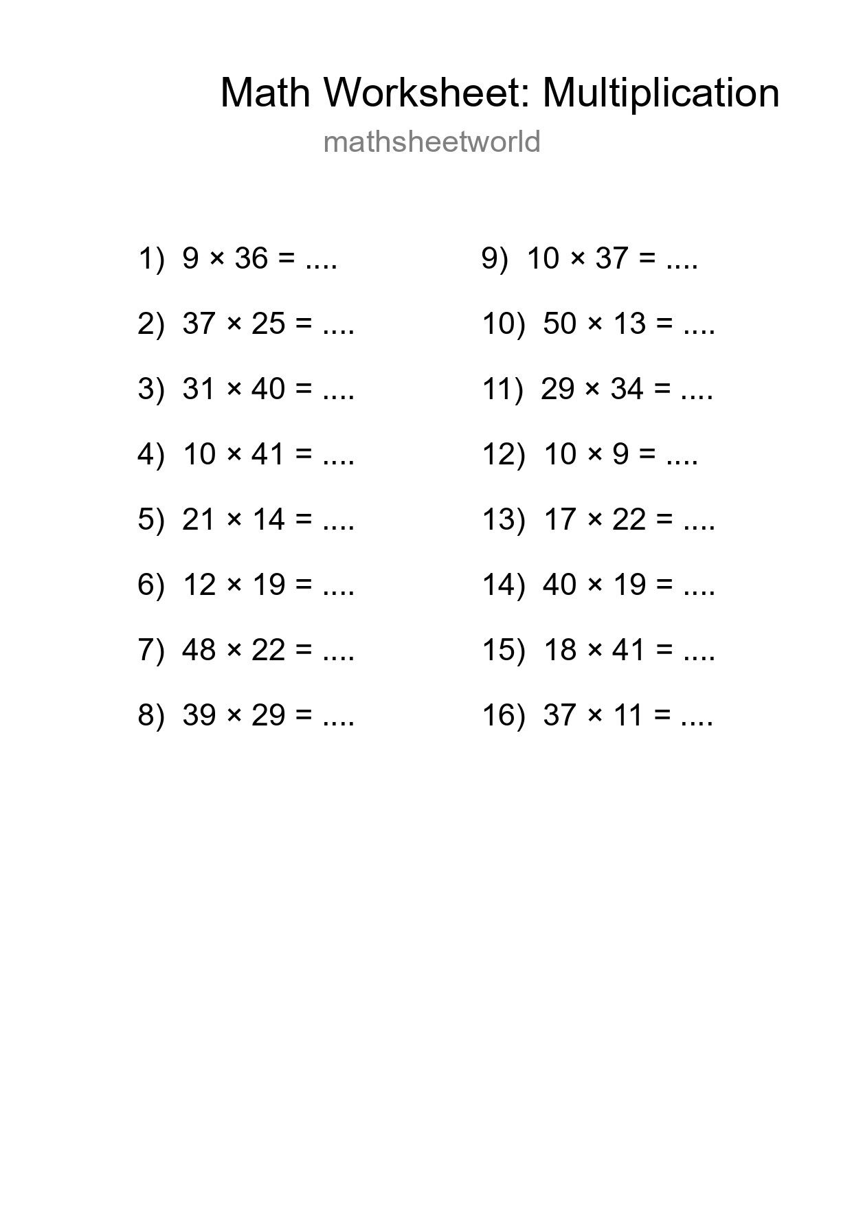 Grade 2 Multiplication Practice Worksheet (16 Problems) - Part 194