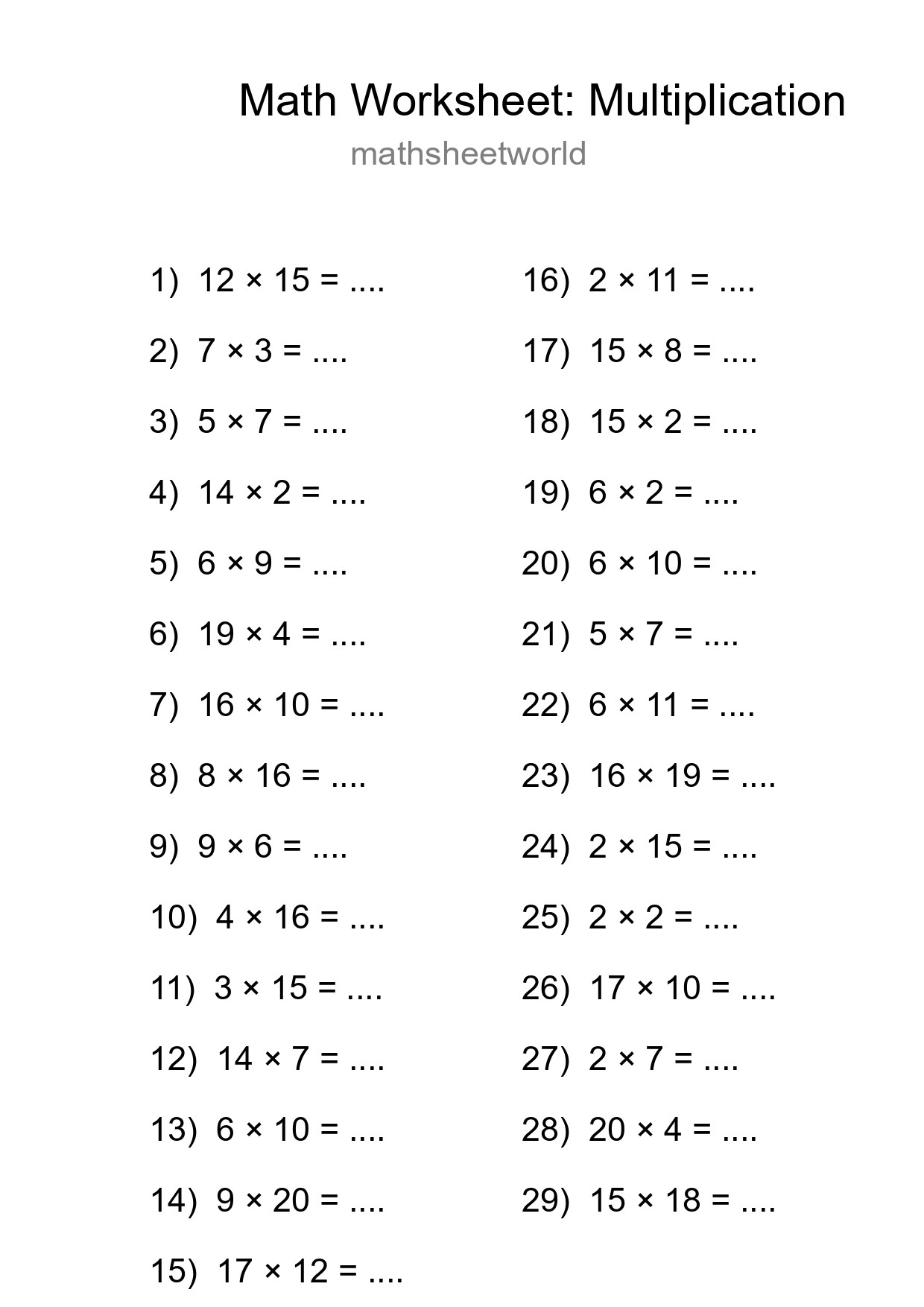 Grade 2 Multiplication Practice Worksheet (29 Problems) - Part 139