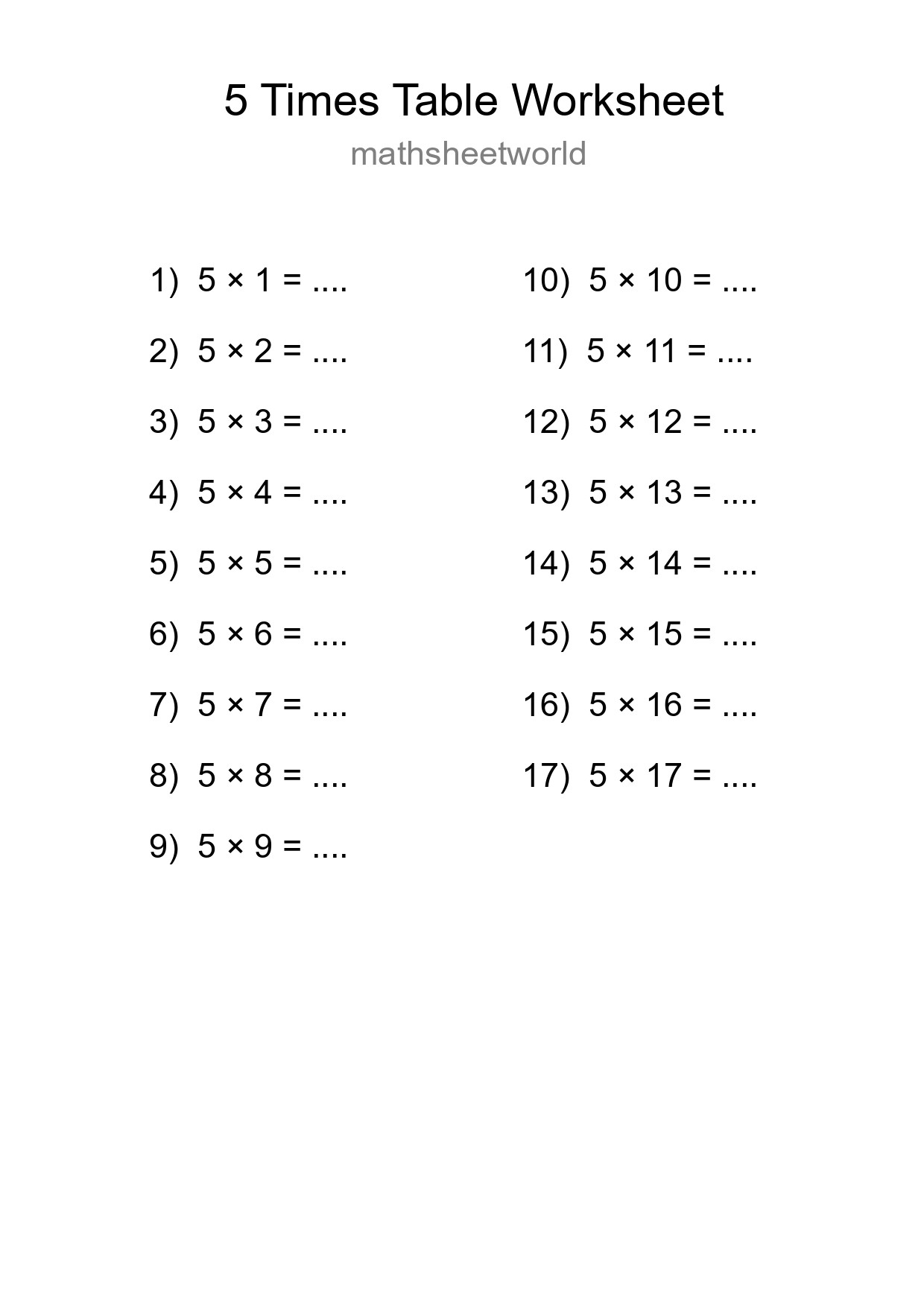 Grade 2 Multiplication Table 5 Practice - Part 97