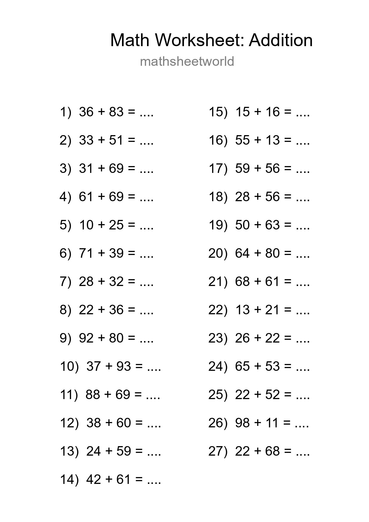 Grade 3 Addition Practice Worksheet (27 Problems) - Part 100