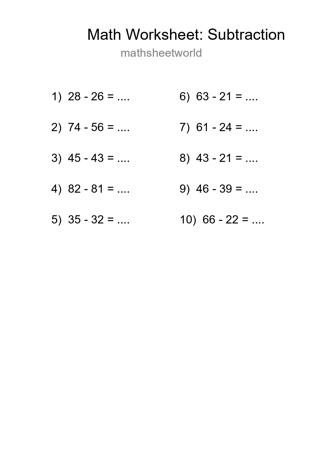 Grade 3 Subtraction Practice Worksheet (10 Problems) - Part 272