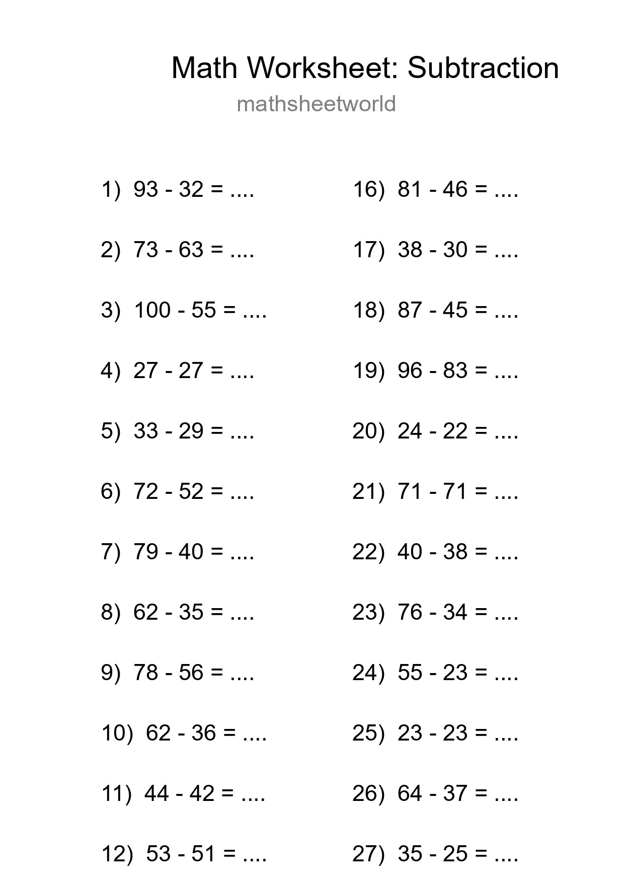 Grade 3 Subtraction Practice Worksheet (30 Problems) - Part 140